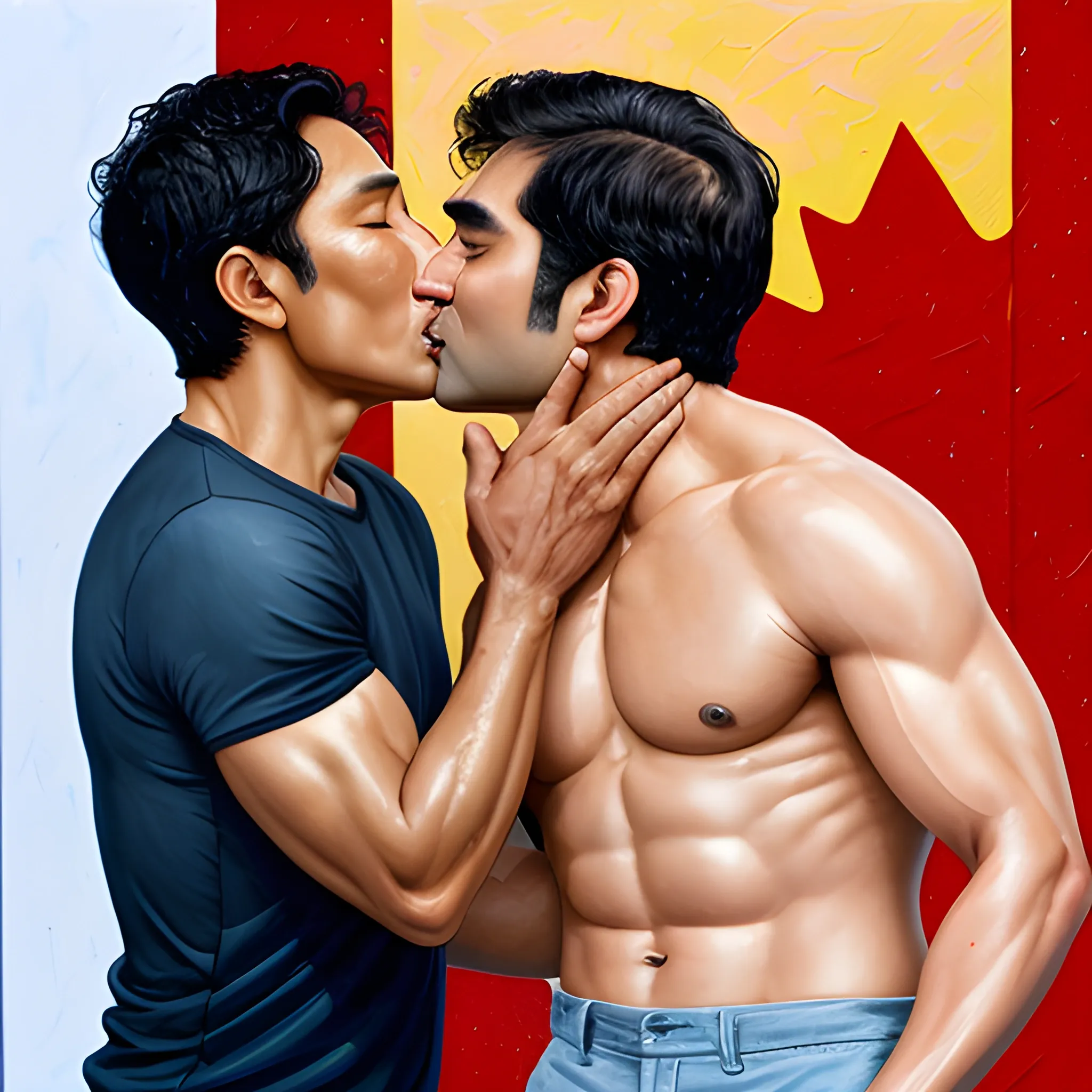 an oil painting of shirtless daniel dae kim kissing kumail nanjiani in canada