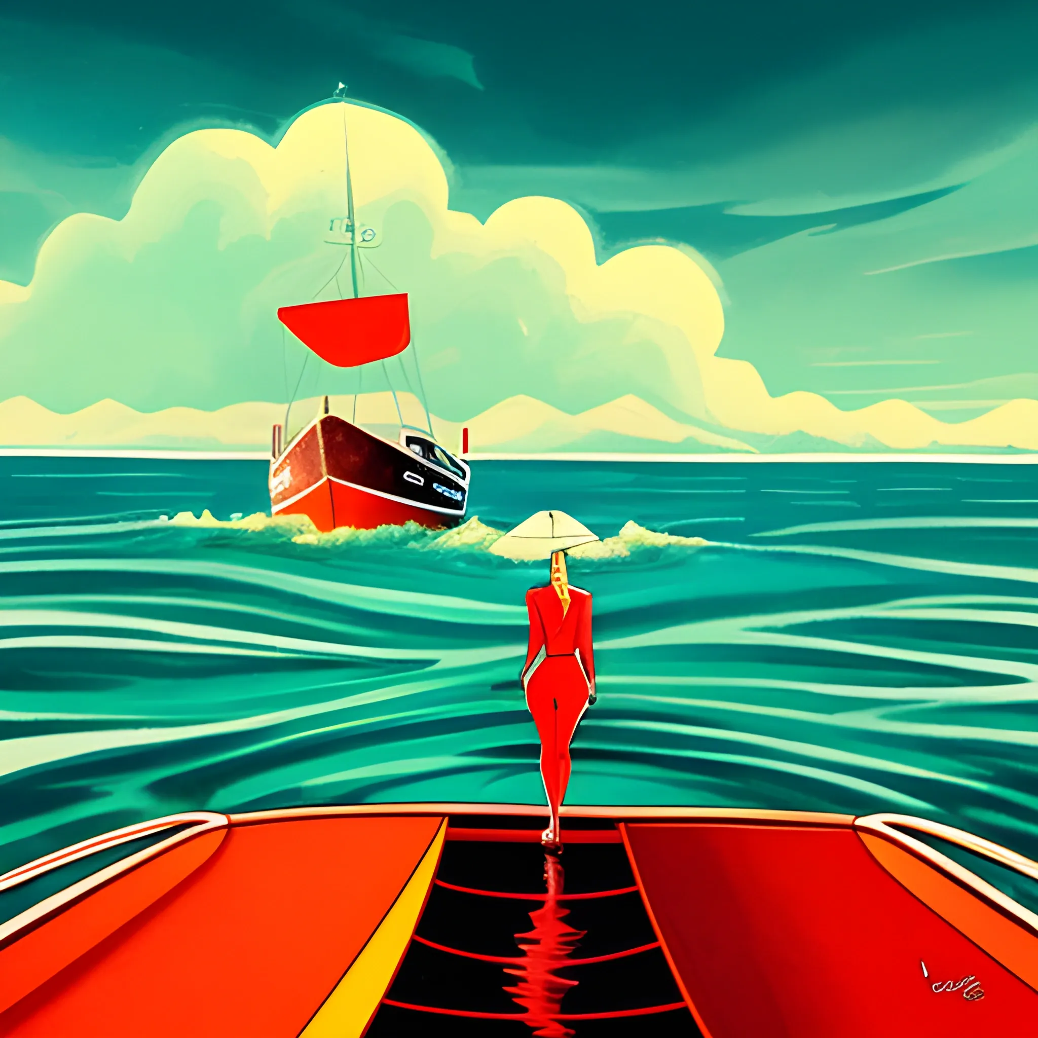 A small boat rests in an absolutely calm sea under a threatening atmosphere of strange colors, and a woman walks on the water, Cartoon