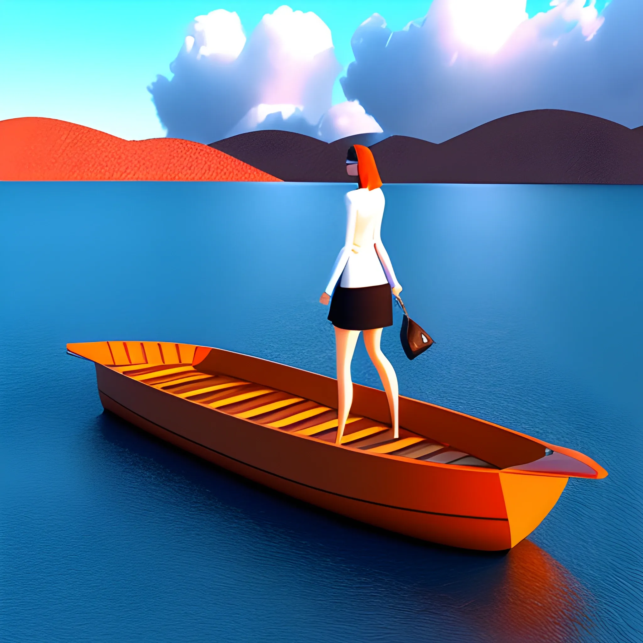 A small boat rests in an absolutely calm sea under a threatening atmosphere of strange colors, and a woman walks on the water, Cartoon, 3D