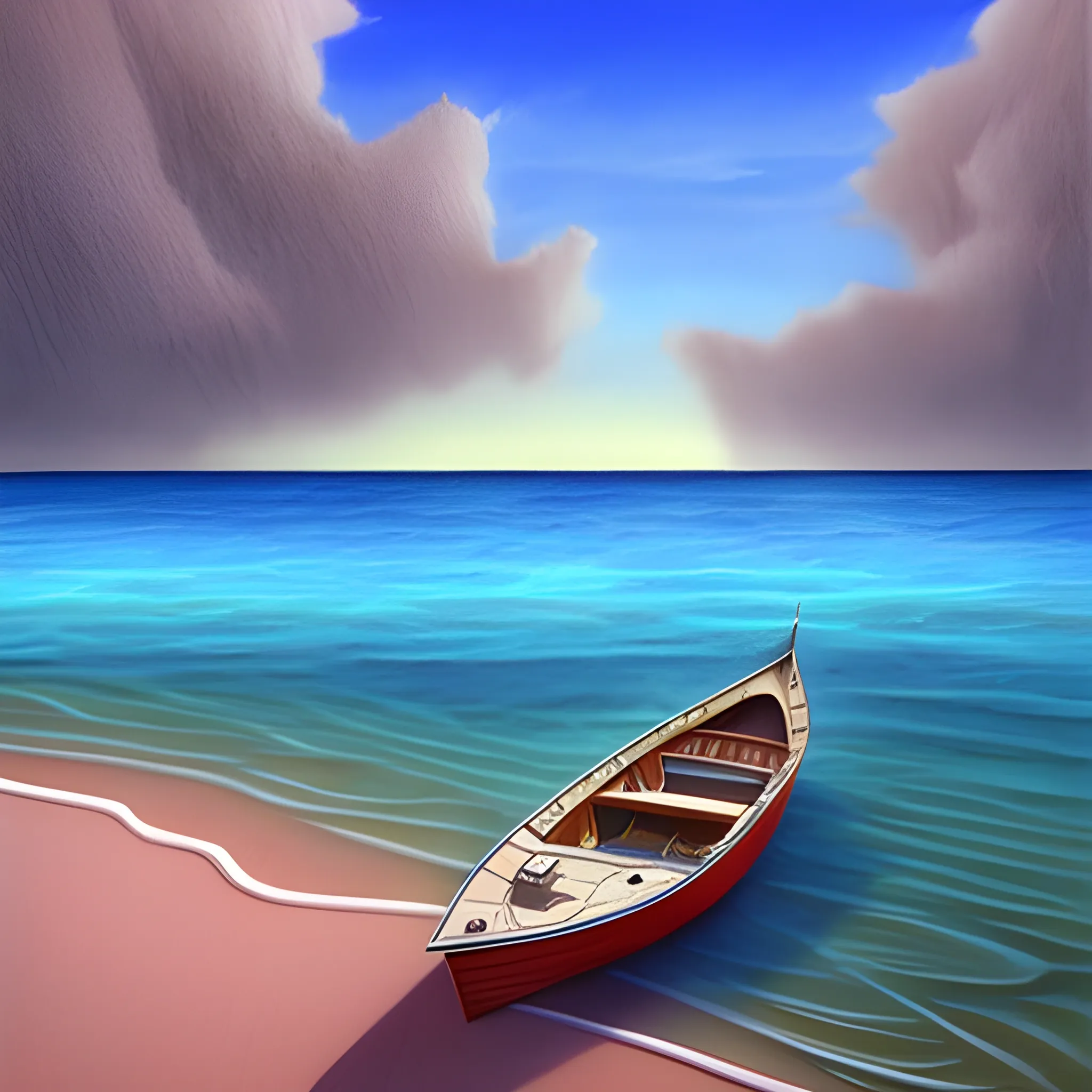 A small boat rests in an absolutely calm sea under a threatening atmosphere of strange colors, and a woman walks on the water, Cartoon, 3D, Pencil Sketch, Oil Painting