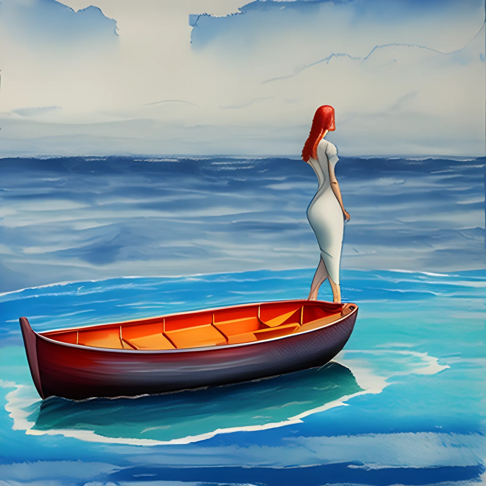 A small boat rests in an absolutely calm sea under a threatening atmosphere of strange colors, and a woman walks on the water, Cartoon, 3D, Pencil Sketch, Oil Painting, Water Color