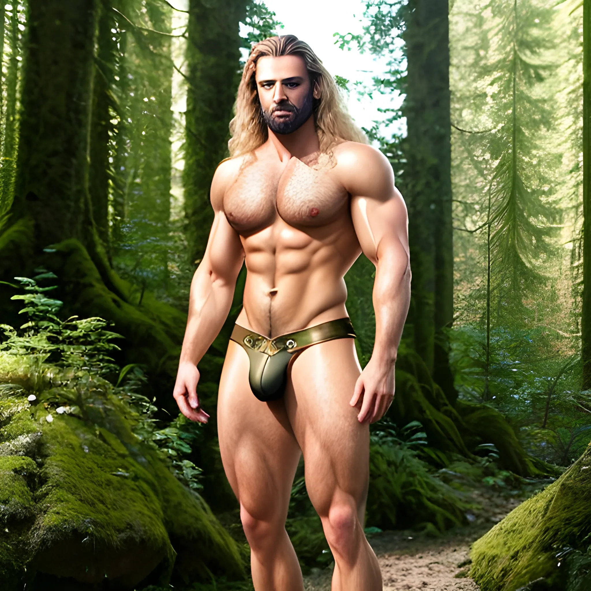 dude in nature,handsome,beauty,muscle, no blurry,dark eyes,hyperealistic ,stand,german, tanned skin,long curly hair,blondhair,colorfull small tanga with gold details,same facial halves, from side ,happy,whole body with legs,big bulge,clear eyes,huge bulge,hairy,fine details, young,two identical symmetrical eyes,same colofull eyes, stubble ,blond,very long hair,hyperealistic