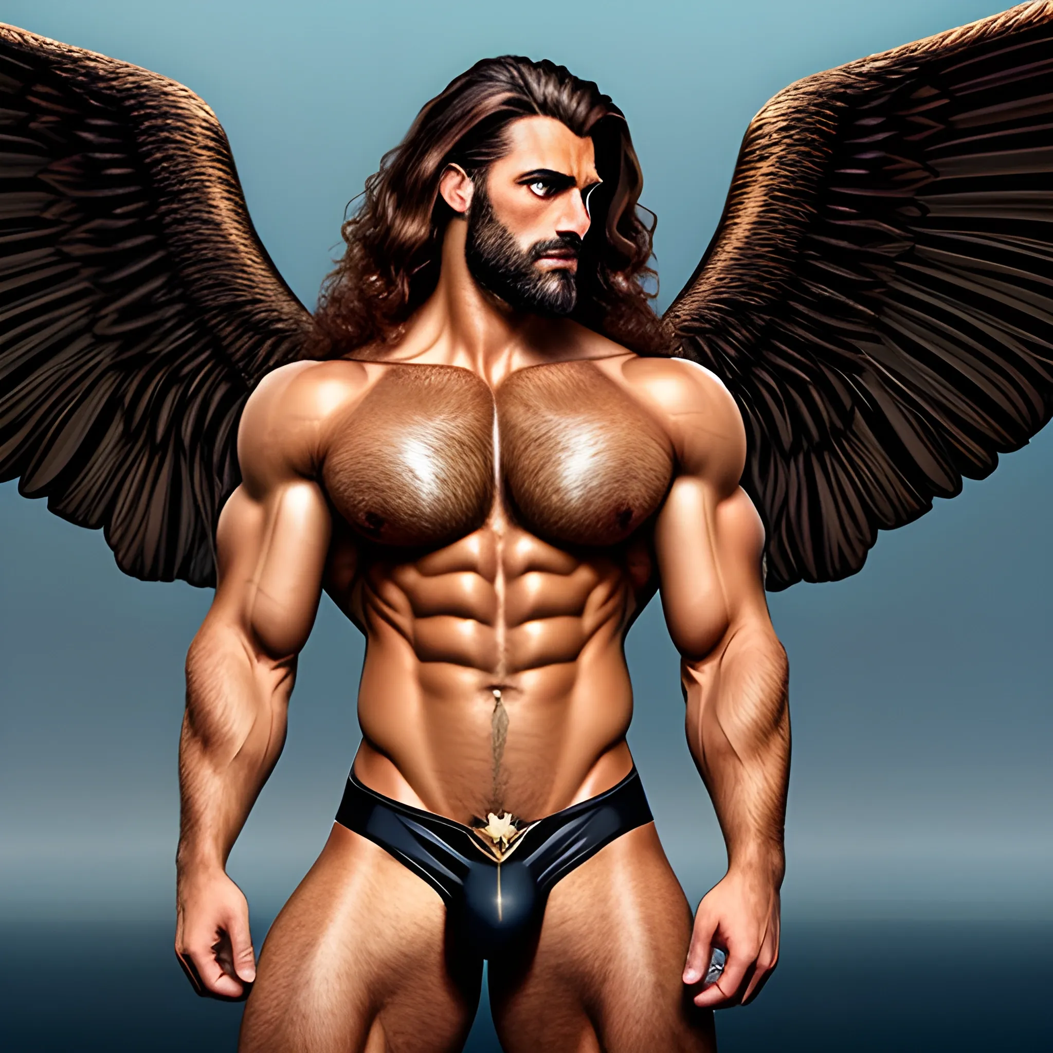 muscular male Devil with expansive Wings,handsome,beauty,muscle, no blurry,dark eyes,hyperealistic, standing firmly,german, tanned skin,long curly hair,blondhair,colorfull small tanga with gold details,same facial halves, from side ,happy,whole body with legs,big bulge,dark piercing  eyes,huge bulge,hairy,fine details, young,two identical symmetrical eyes,same colofull eyes, stubble ,blond,very long hair cascading over a hairy Chest,reminiscent of an Angel,hyperrealistic, Trippy