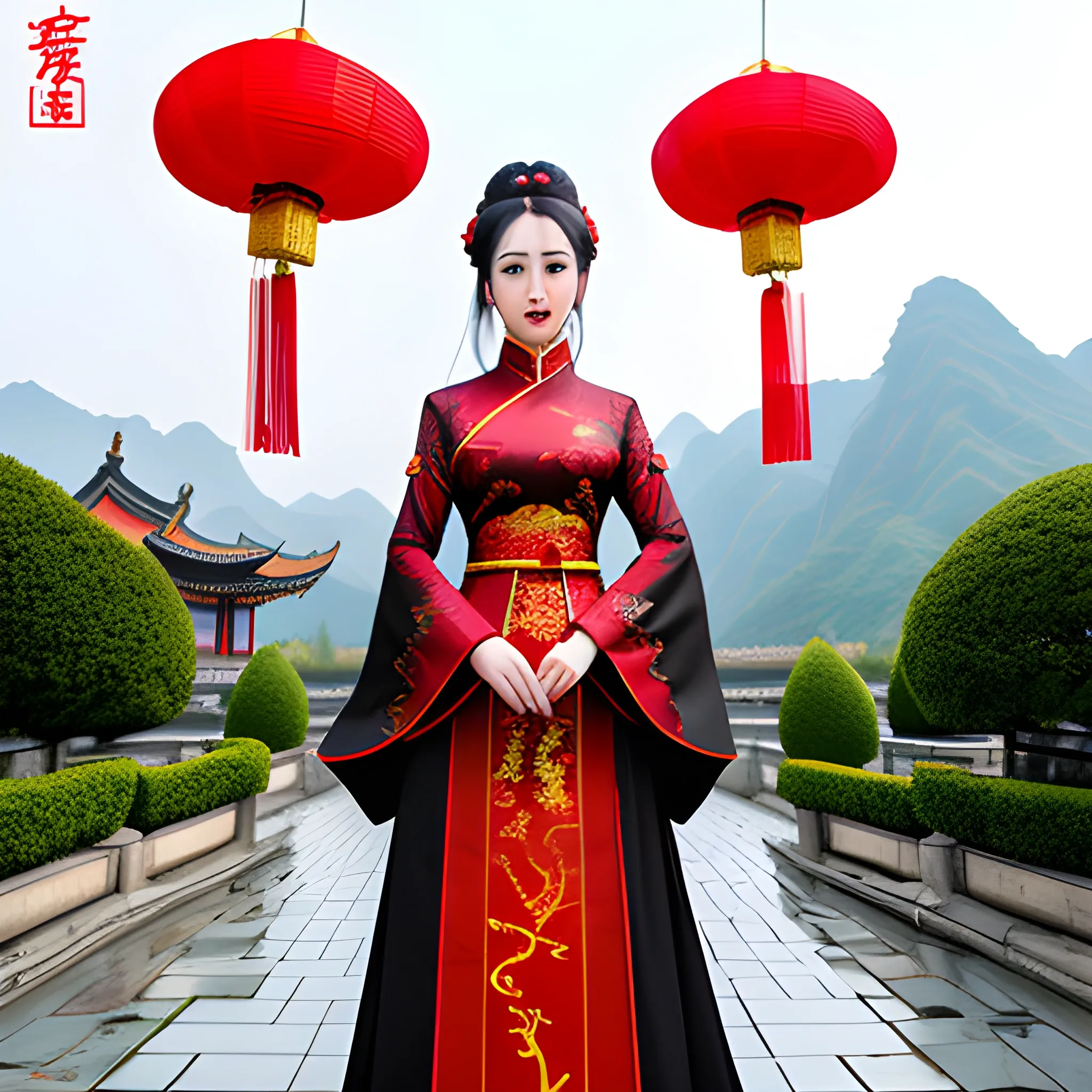 Nianlong,1 girl,dragon,long hair,Oriental dragon,lantern,hair accessories,black hair,dress,Chinese clothing,red dress,long sleeves,architecture,solo,Hanfu,red eyes,East Asian architecture,whole body,hair flower,wide sleeves,paper lantern,standing,night,ribbons,black shoes,floating hair,