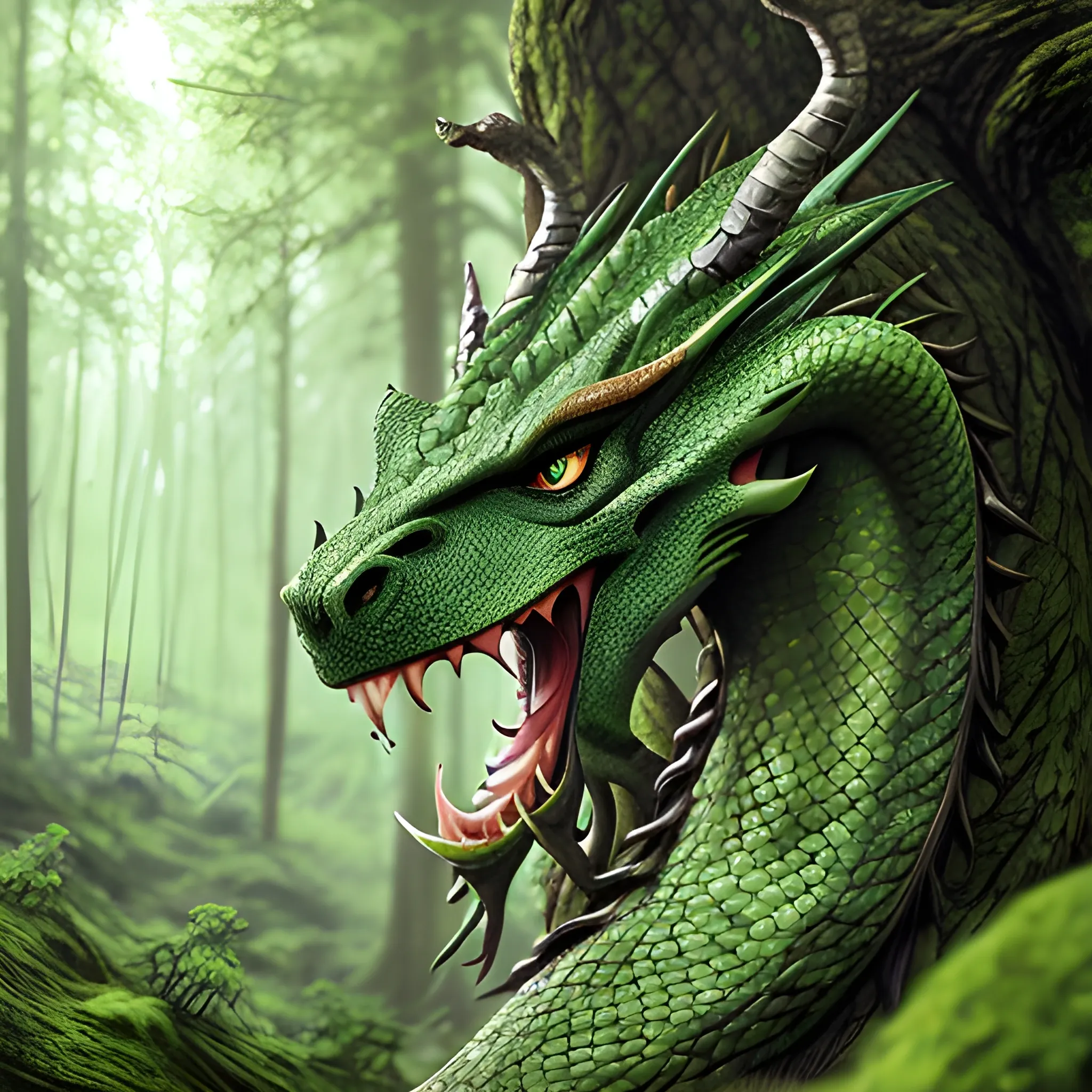 Wise-looking green dragon in the forest, eye-catching detail, realistic ultra-detailed