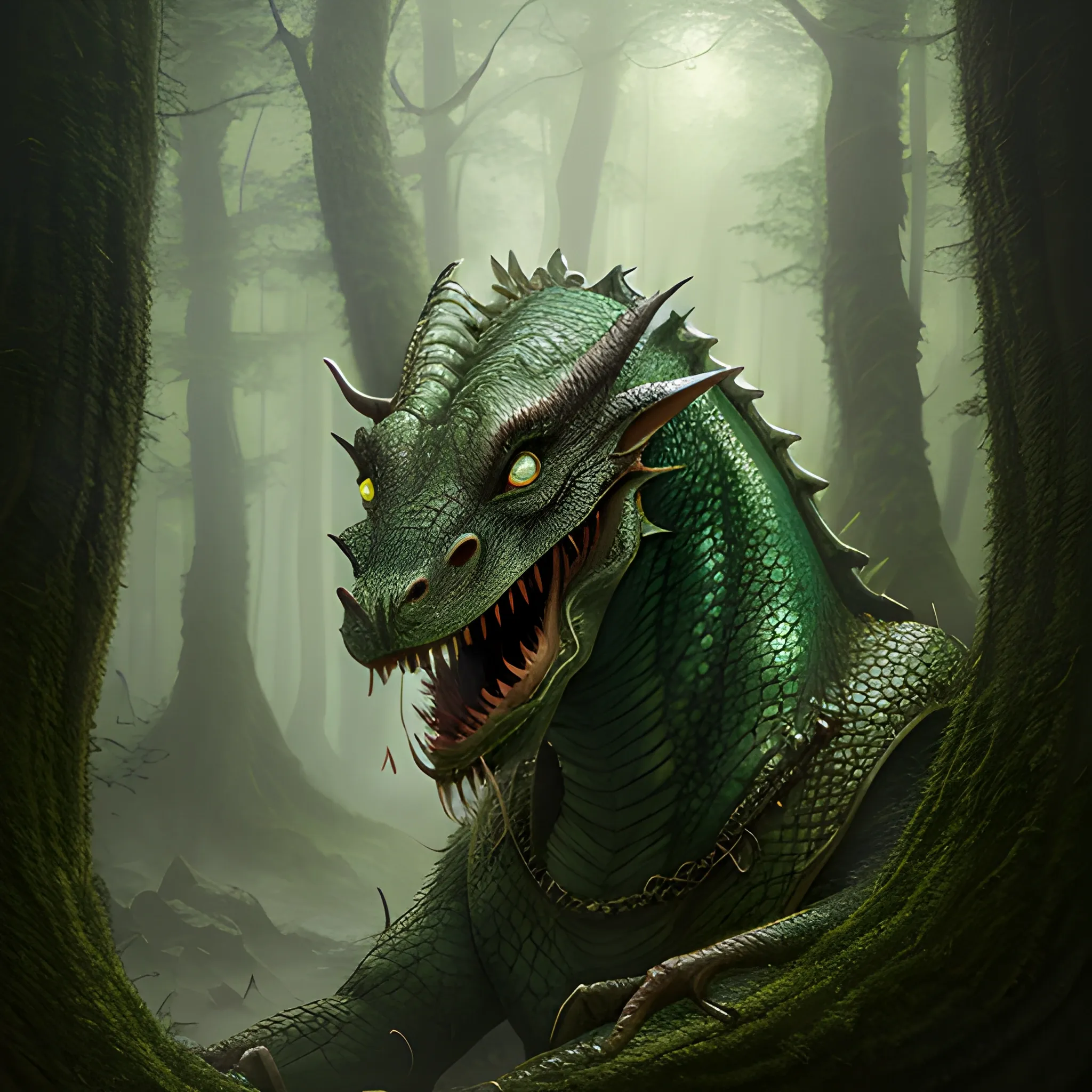 wise, chill, 8k, high resolution, high quality, photorealistic, hyperrealistic, detailed, detailed matte painting, deep color, fantastical, forest, Green Dragon, bottomless, mouth closed