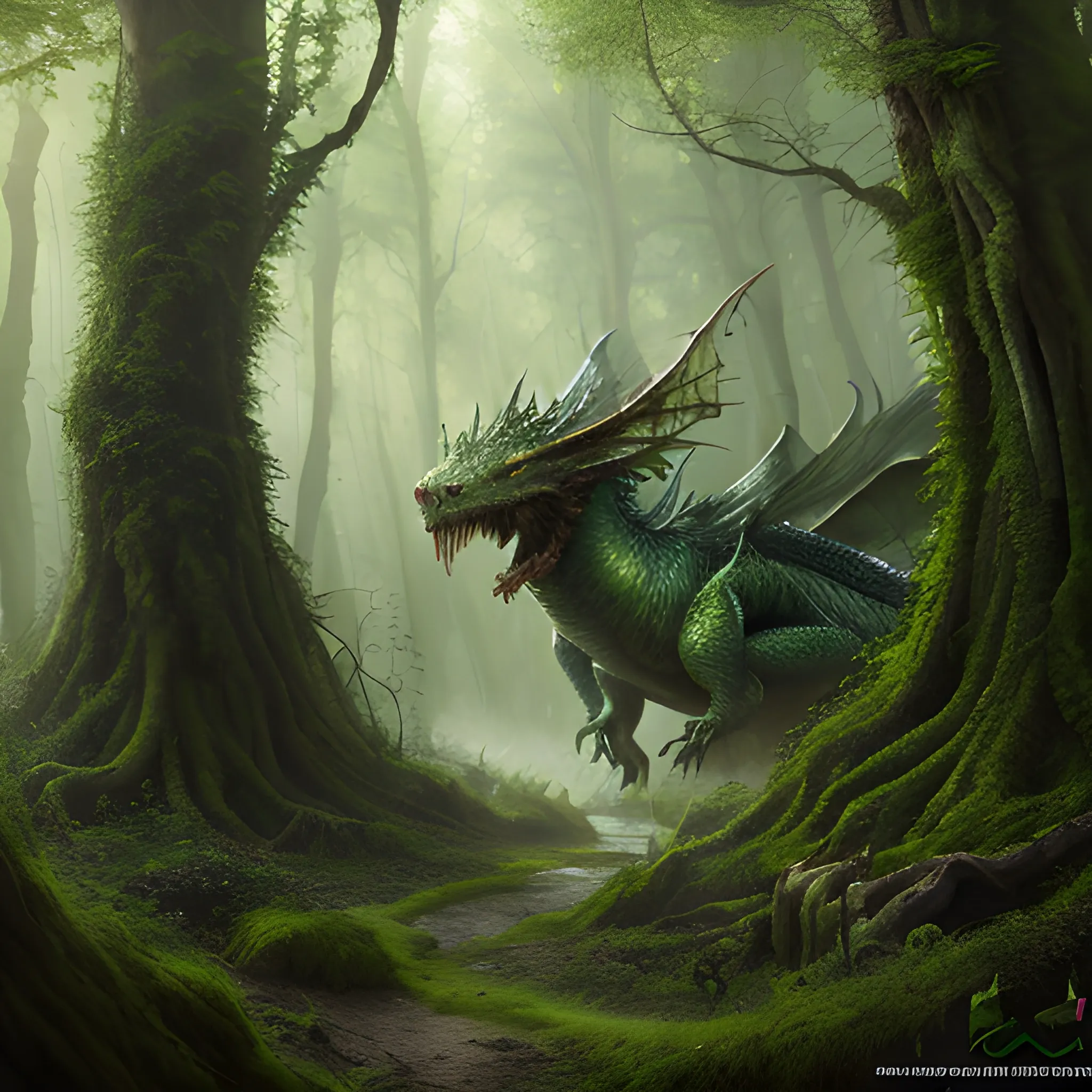 8k, high resolution, high quality, photorealistic, hyperrealistic, detailed, detailed matte painting, deep color, fantastical, forest, Green Dragon, bottomless, mouth closed