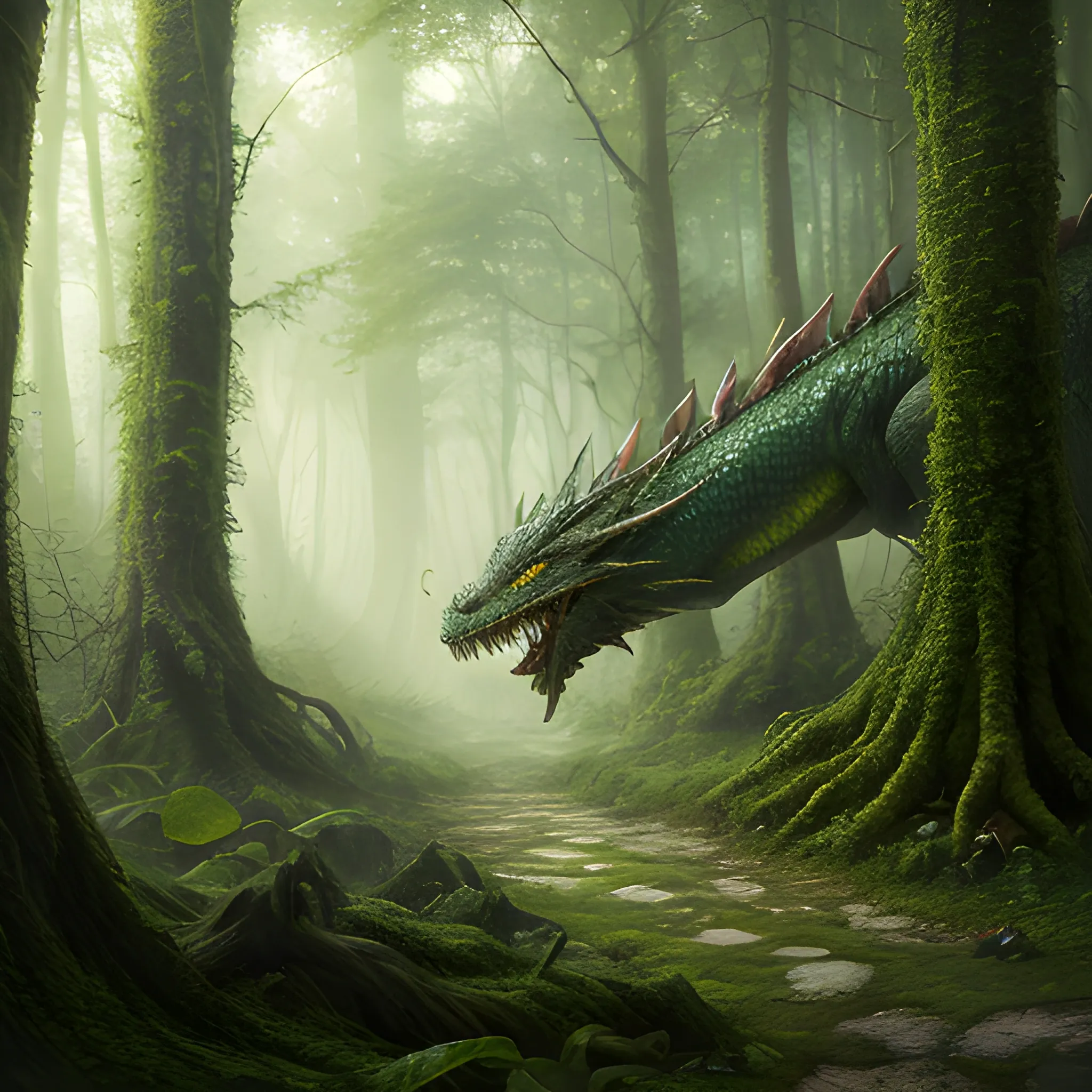 8k, high resolution, high quality, photorealistic, hyperrealistic, detailed, detailed matte painting, deep color, fantastical, forest, Green Dragon, bottomless, mouth closed