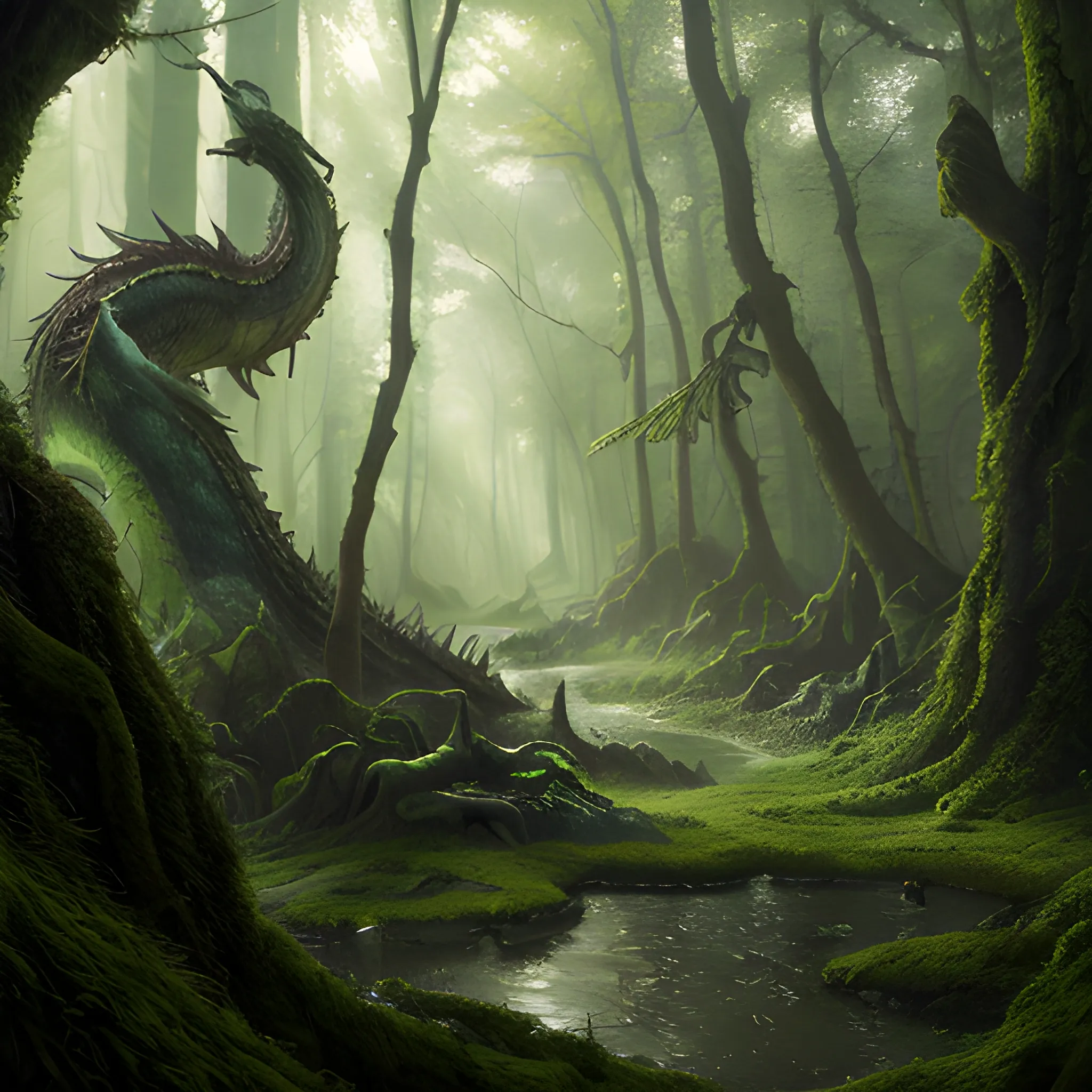 8k, high resolution, high quality, photorealistic, hyperrealistic, detailed, detailed matte painting, deep color, fantastical, forest, Green Dragon, bottomless, mouth closed