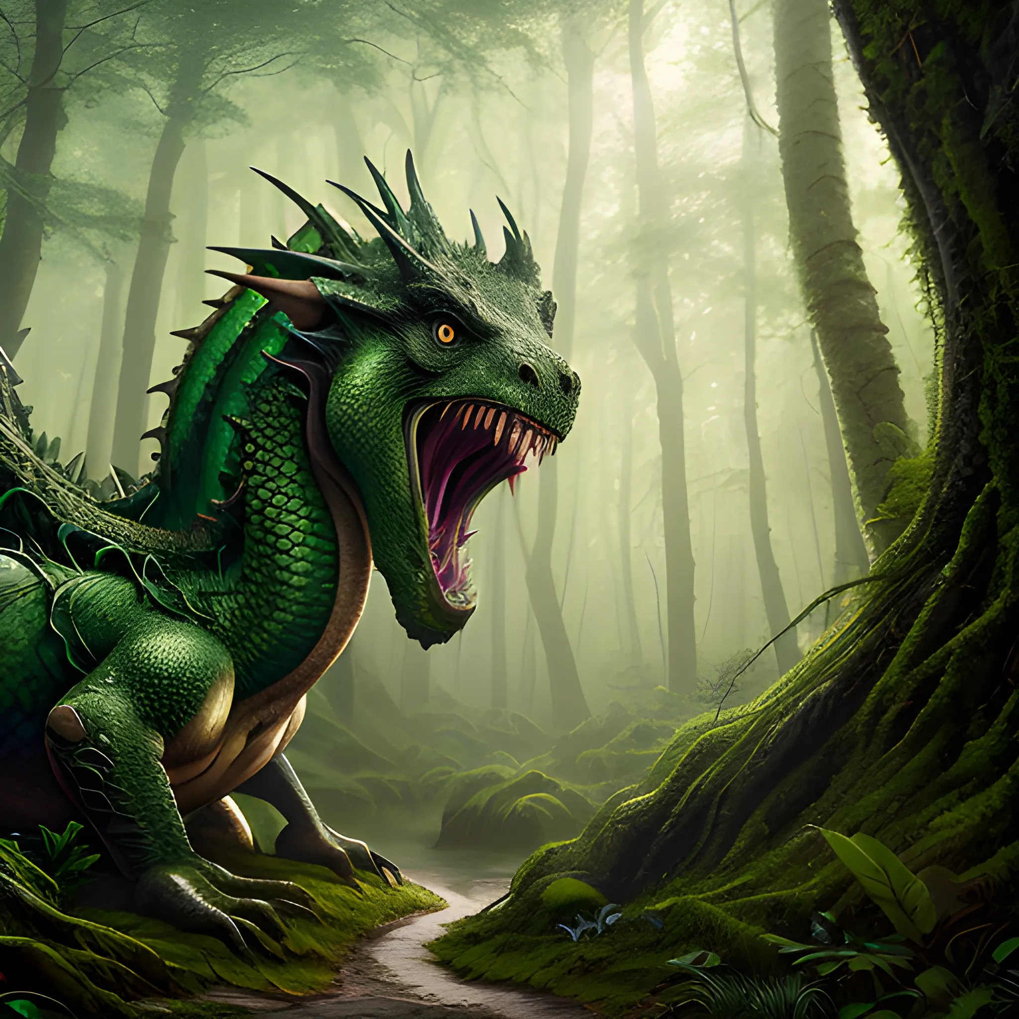 8k, high resolution, high quality, photorealistic, hyperrealistic, detailed, detailed matte painting, deep color, fantastical, forest, Green Dragon, bottomless, mouth closed