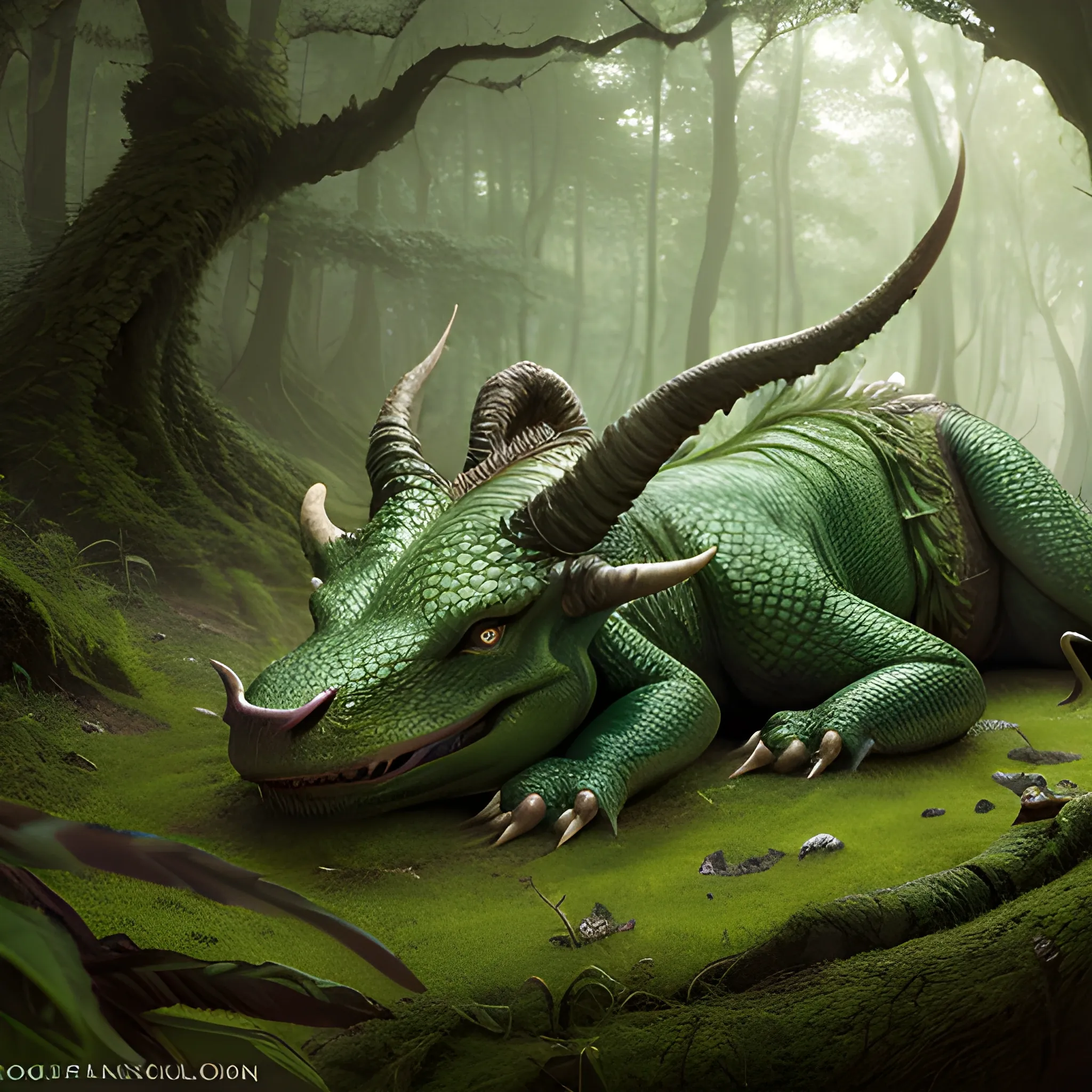 8k, high resolution, high quality, photorealistic, hyperrealistic, detailed, detailed matte painting, deep color, fantastical, The Green Dragon in a forest resting with mouth closed, opened eyes, detailed skin, realistic horns