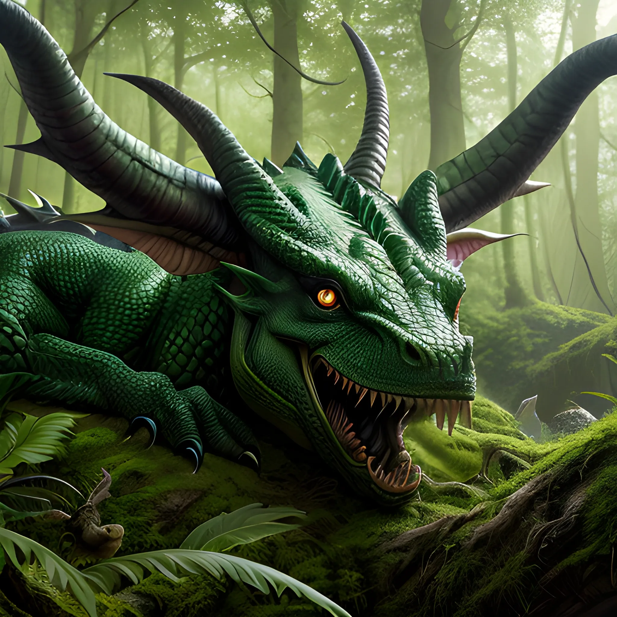 8k, high resolution, high quality, photorealistic, hyperrealistic, detailed, detailed matte painting, deep color, fantastical, hyper-realistic Green Dragon in a forest resting with mouth closed, opened eyes, detailed skin, realistic horns, ultra-detailed