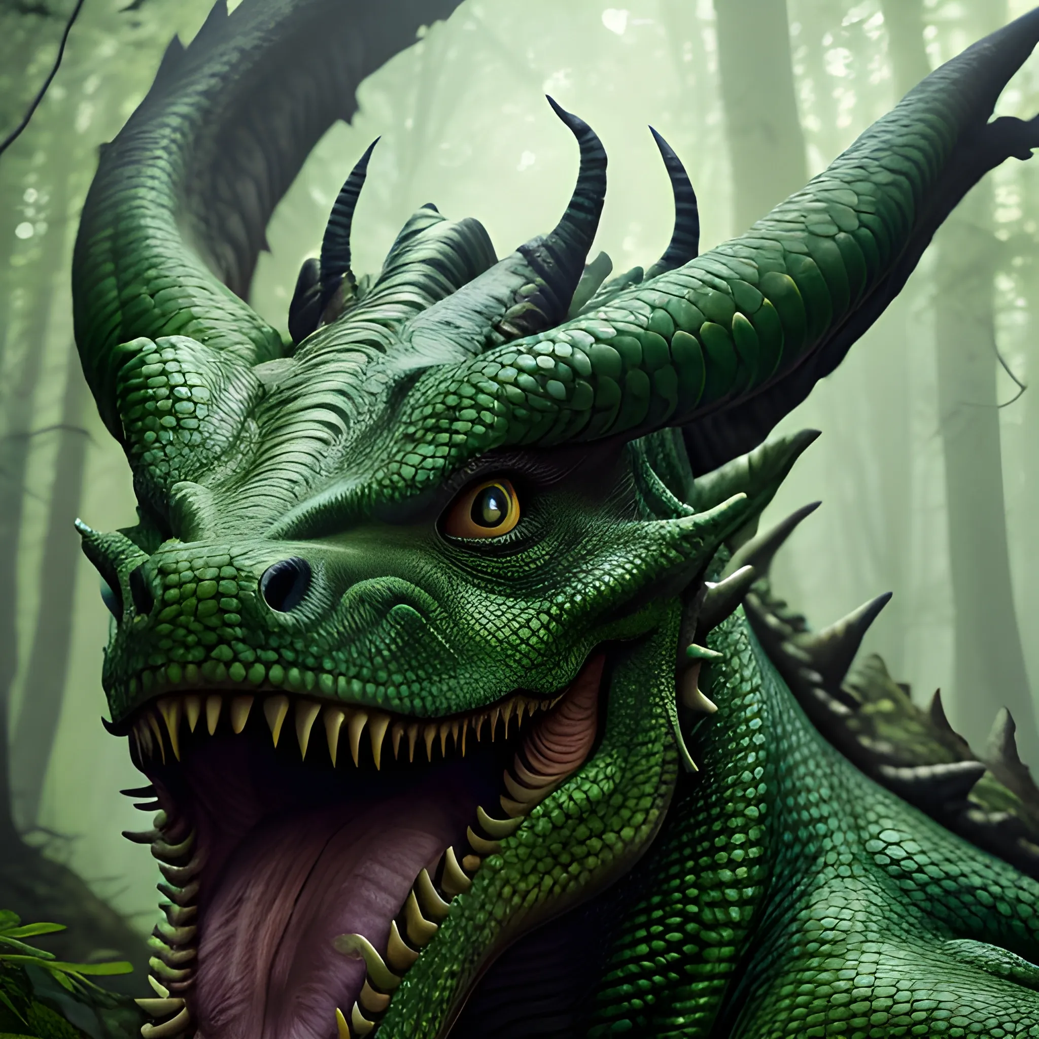 8k, high resolution, high quality, photorealistic, hyperrealistic, detailed, detailed matte painting, deep color, fantastical, hyper-realistic Green Dragon in a forest resting with mouth closed. closed mouth, big dragon, ancient dragon, cinematic, opened eyes, detailed skin, realistic horns, ultra-detailed, ue5