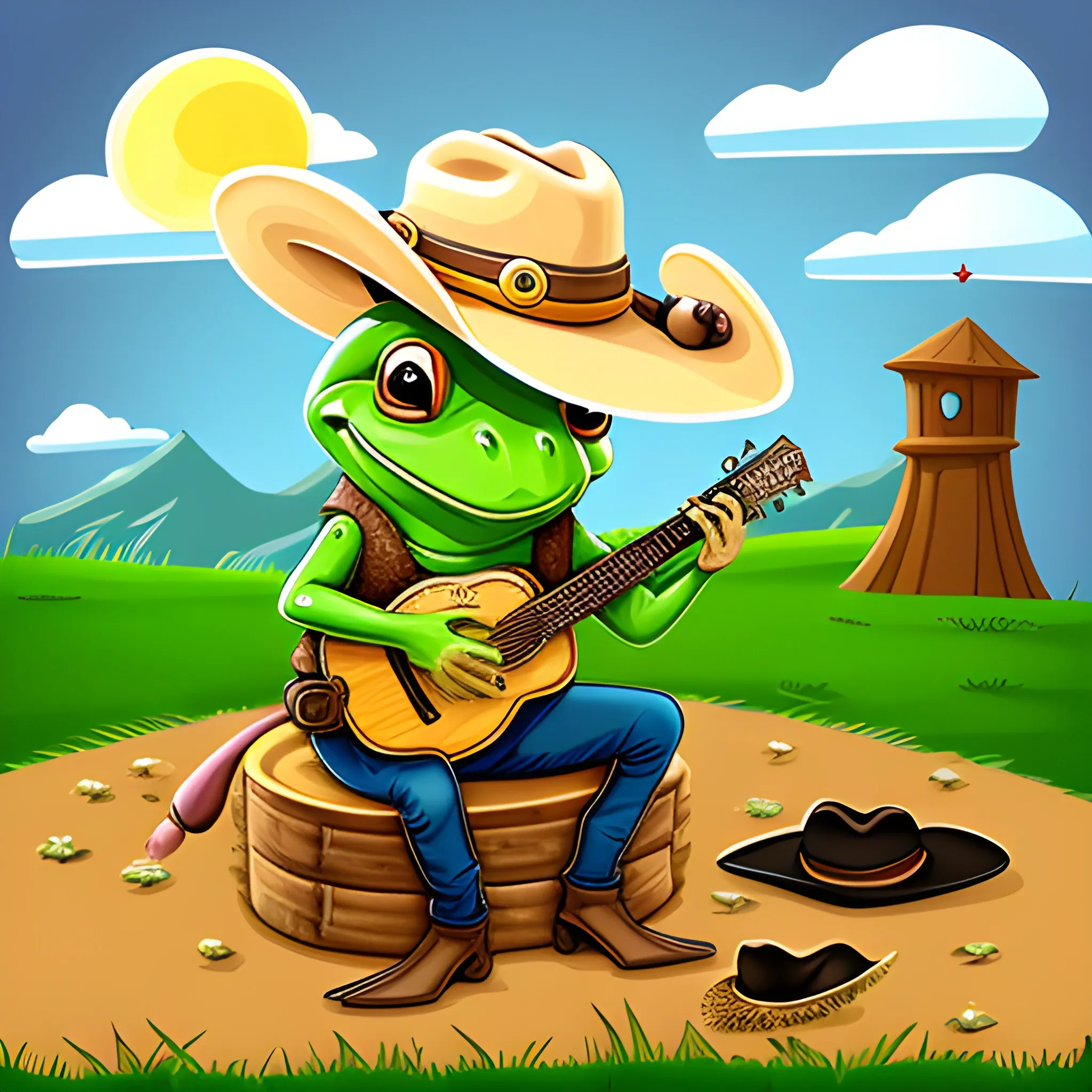 frog Bard country with cowboy hat 
, Cartoon