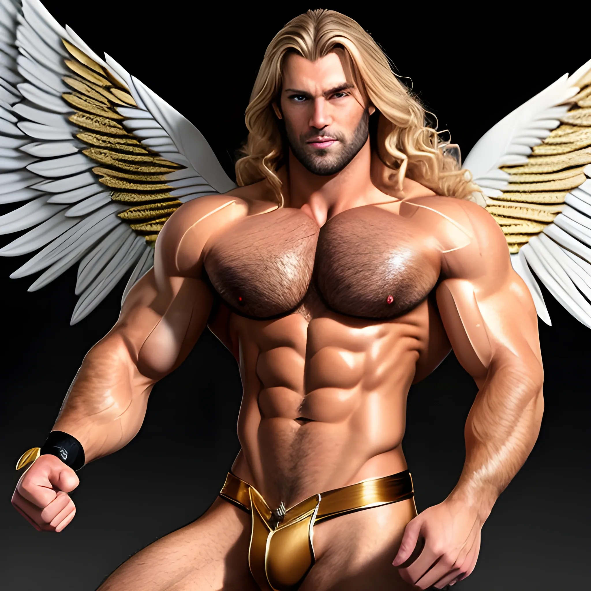 muscular blond Dude with expansive Wings,handsome,beauty,muscle, no blurry,dark eyes,hyperealistic standing firmly,german, tanned skin,long curly hair,colorful hair,colorfull small leather tanga with gold details,same facial halves, bulge ,happy,whole body with legs,big bulge,dark piercing eyes,huge bulge,hairy,fine details, young,two identical symmetrical eyes,same colofull eyes, stubble ,blond,very long hair cascading over a hairy Chest,reminiscent of an Angel