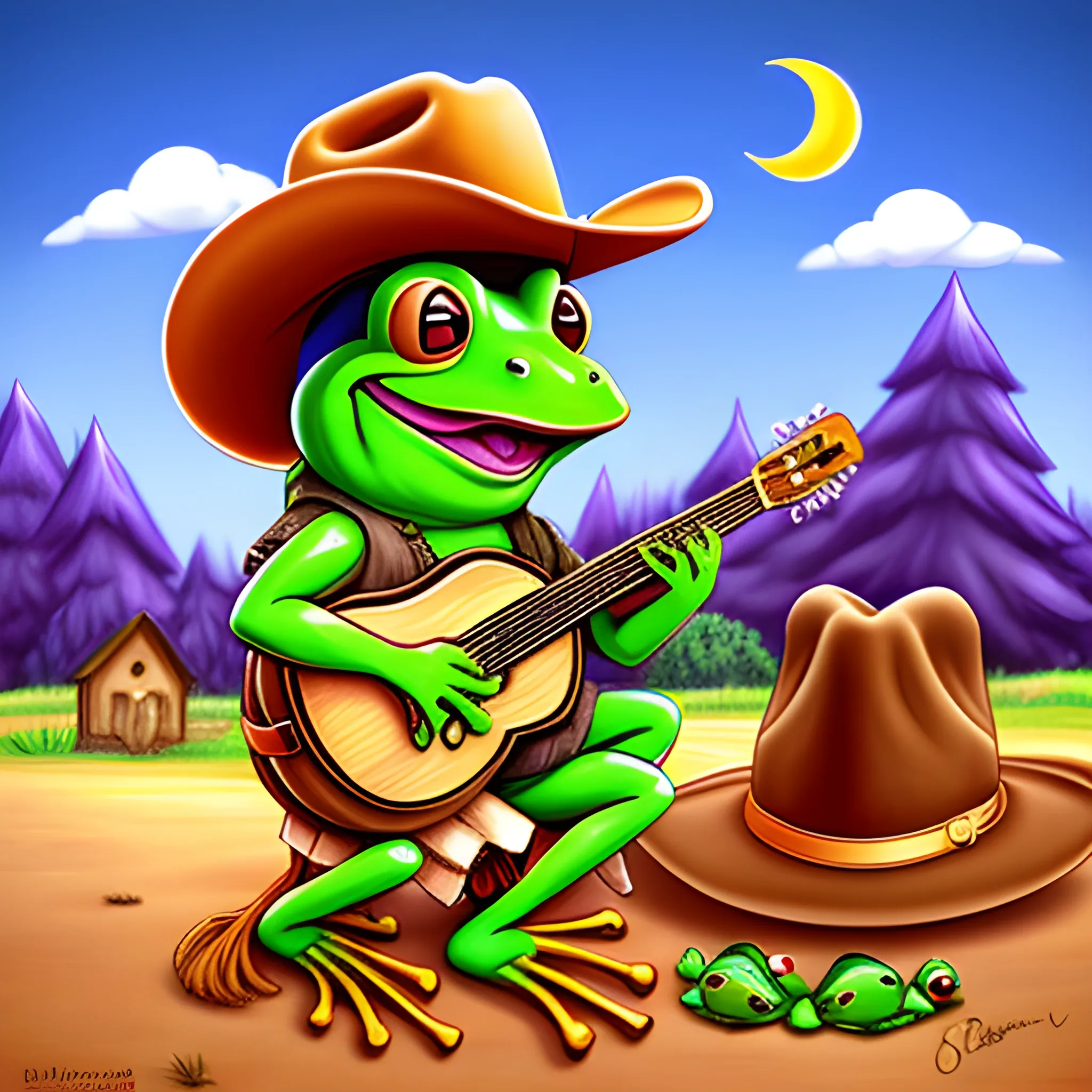 frog Bard country with cowboy hat 
, Cartoon