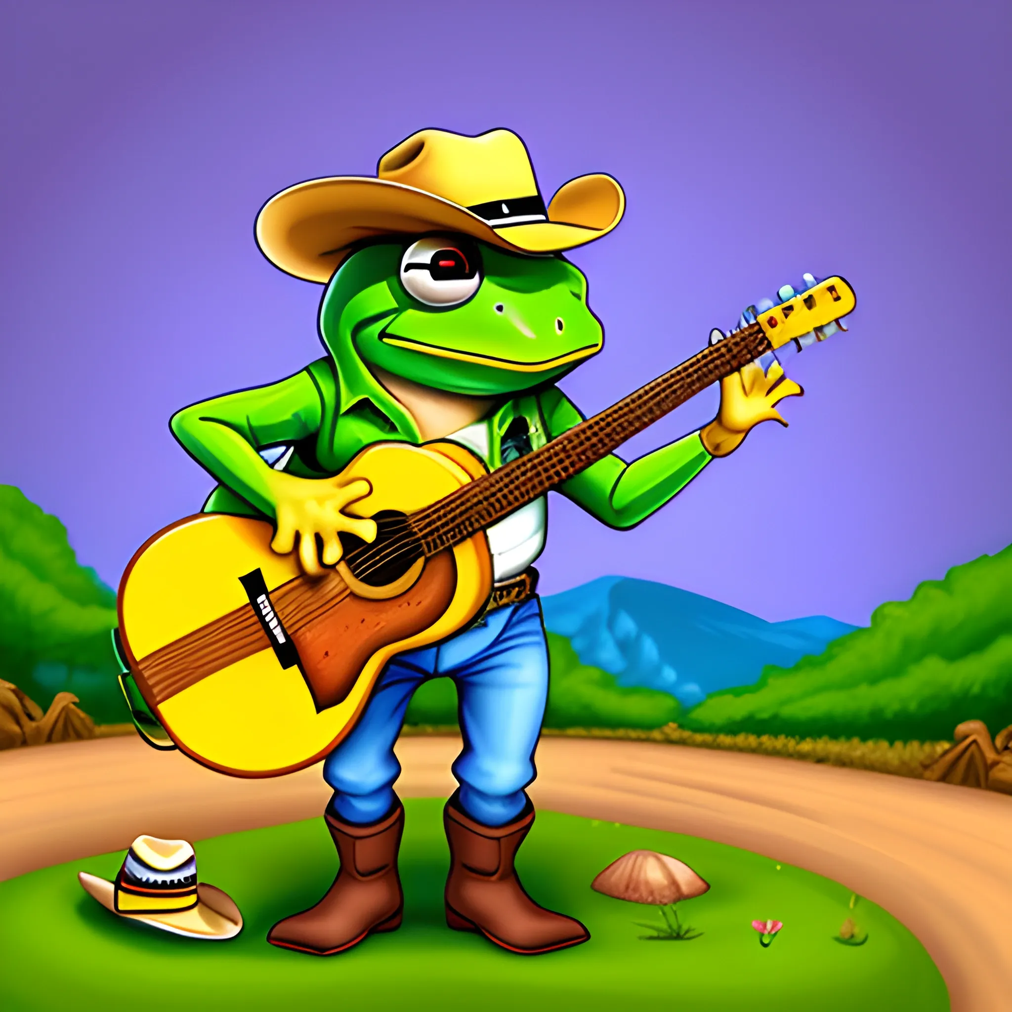 frog Bard country with cowboy hat 
, Cartoon