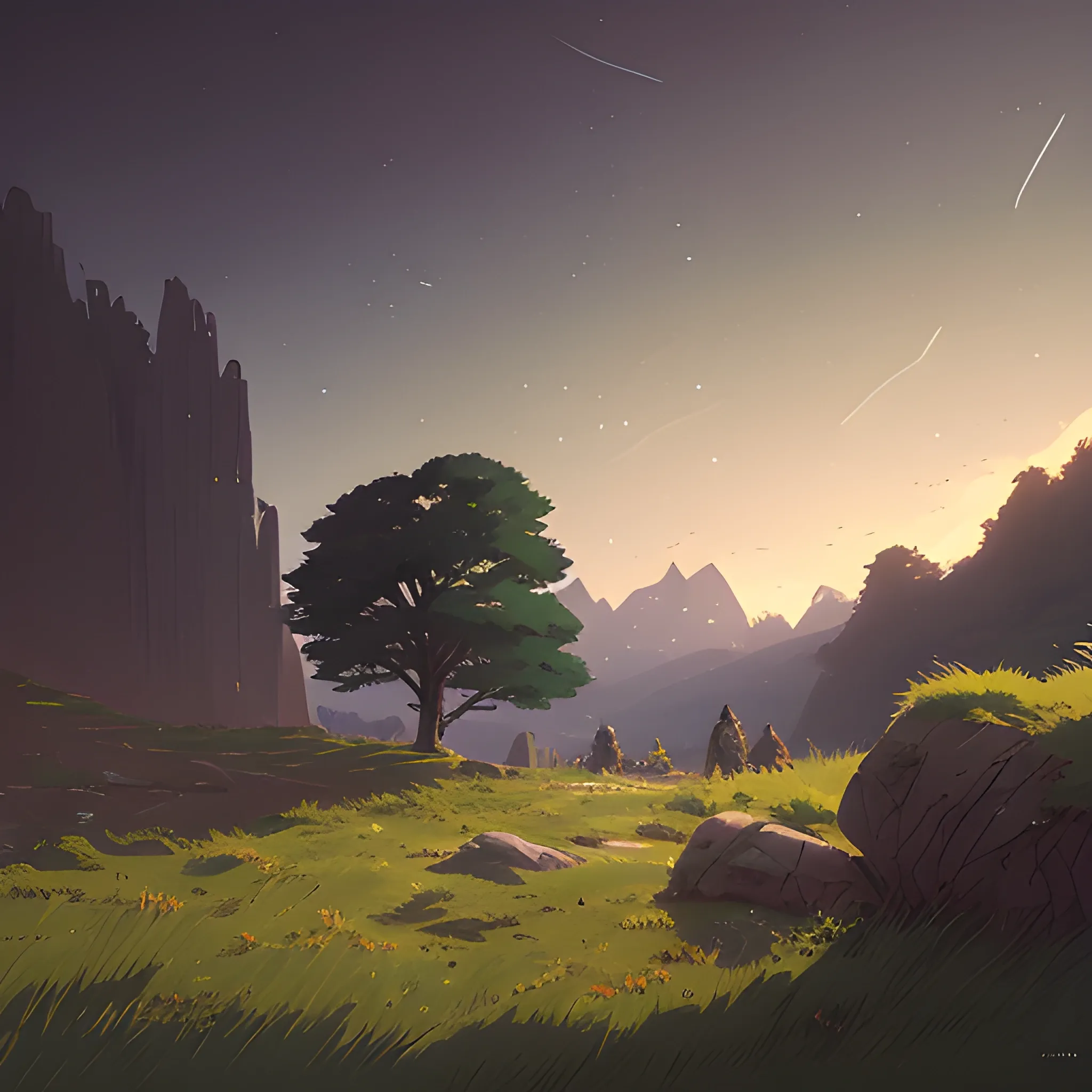 rock with grass in the night... in the style of makoto shinkai and greg rutkowski and albert bierstadt and james gurney