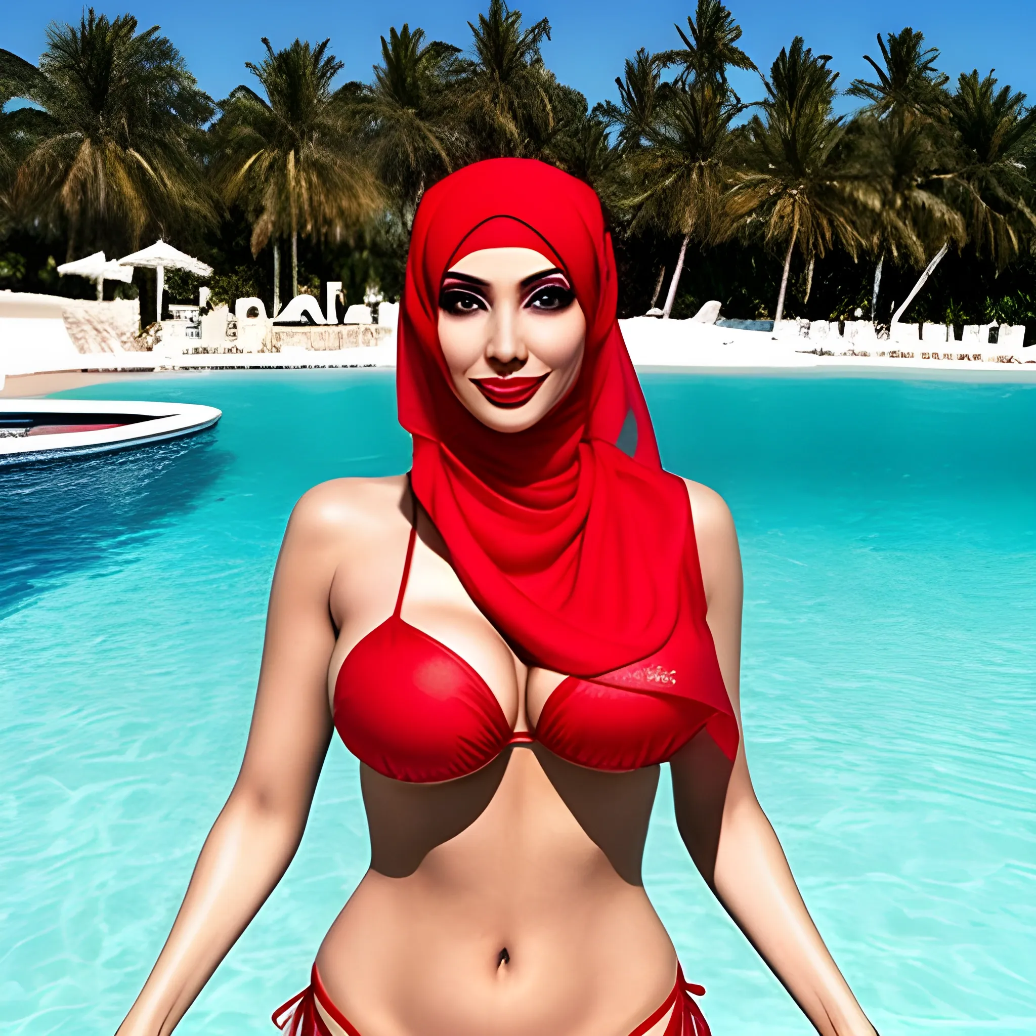 A red hijabi girl  wearing bikini , her face is covered by  red hijab , she is wearing red gloves