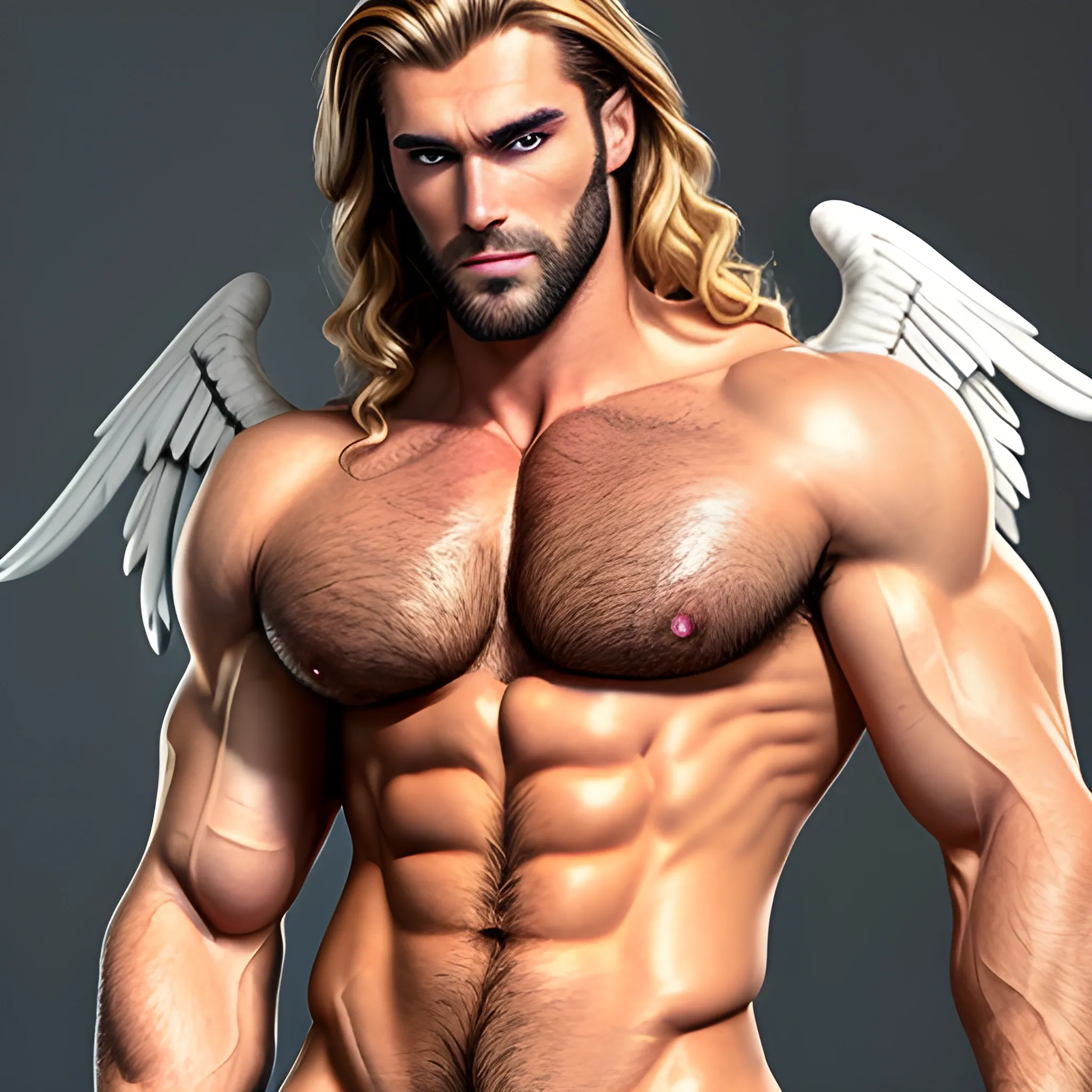 muscular blond Dude with expansive Wings,handsome,beauty,muscle, no blurry,dark eyes,hyperealistic standing firmly,german, tanned skin,long curly hair,colorful hair,colorfull small leather tanga with gold details,same facial halves, bulge ,happy,whole body with legs,big bulge,dark piercing eyes,huge bulge,hairy,fine details, young,two identical symmetrical eyes,same colofull eyes, stubble ,blond,very long hair cascading over a hairy Chest,reminiscent of an Angel, Cartoon