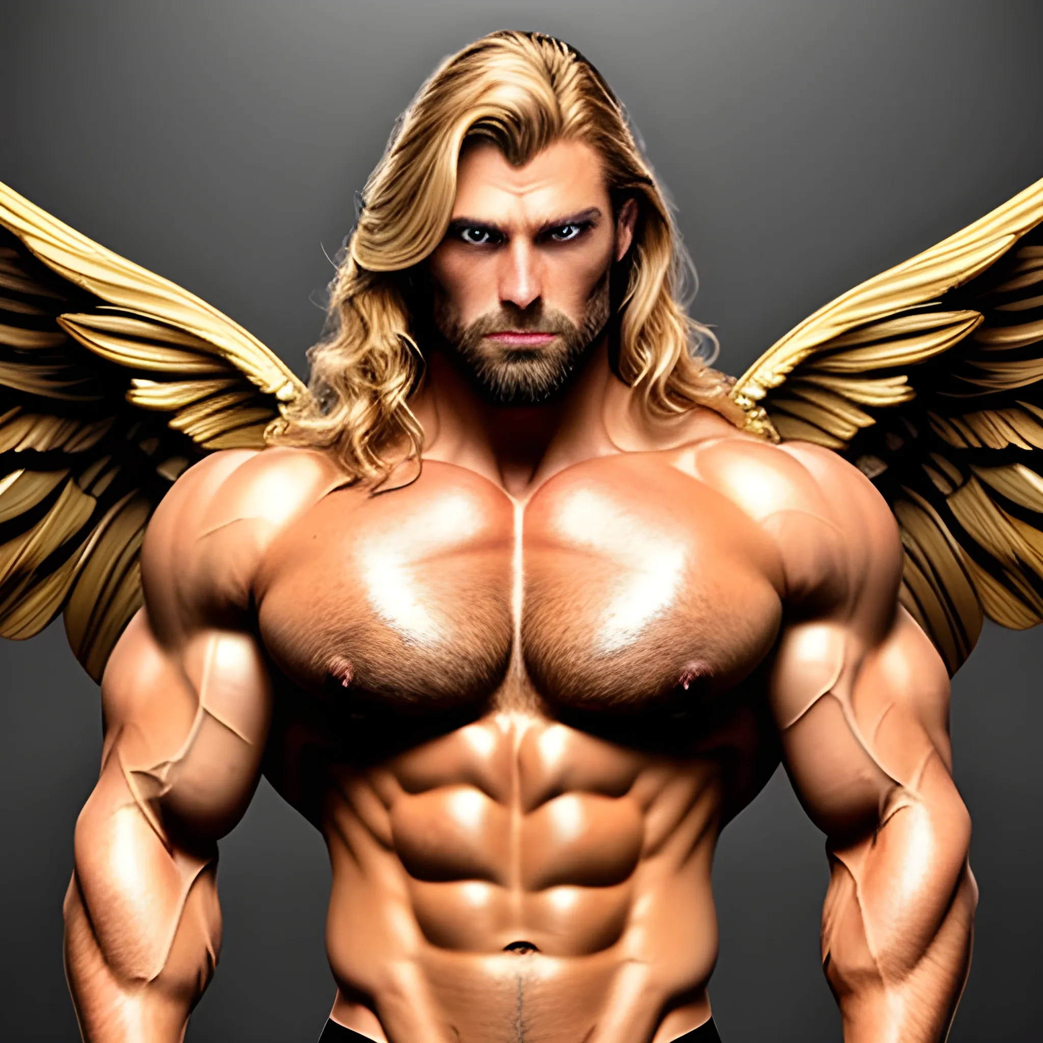 muscular blond Dude with expansive Wings,handsome,beauty,muscle,hyperealistic, standing firmly,german, tanned skin,long curly hair,,colorfull small leather tanga with gold details,same facial halves, bulge ,happy,whole body with legs,big bulge,dark piercing eyes,huge bulge,hairy,fine details, young,two identical symmetrical eyes,same colofull eyes, stubble ,blond,very long hair cascading over a hairy Chest,reminiscent of an Angel, 