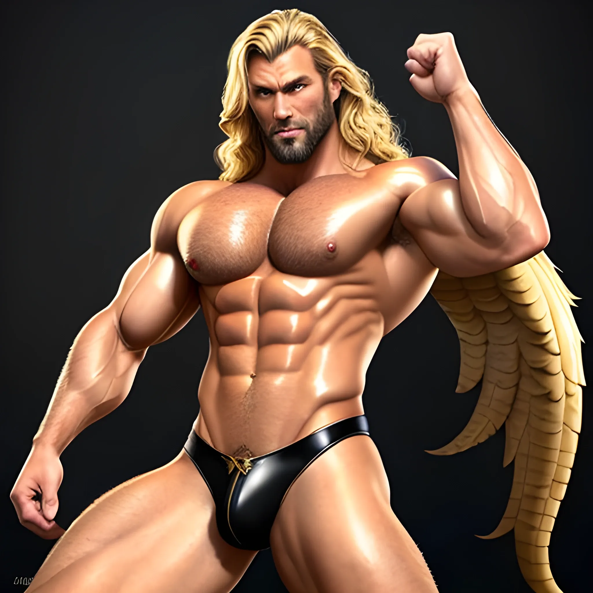 muscular blond Dude with expansive Wings,handsome,beauty,muscle,hyperealistic, standing firmly,german, tanned skin,long curly hair,,colorfull small leather tanga with gold details,same facial halves, bulge ,happy,whole body with legs,big bulge,dark piercing eyes,huge bulge,hairy,fine details, young,two identical symmetrical eyes,same colofull eyes, stubble ,blond,very long hair cascading over a hairy Chest,reminiscent of an Angel, 