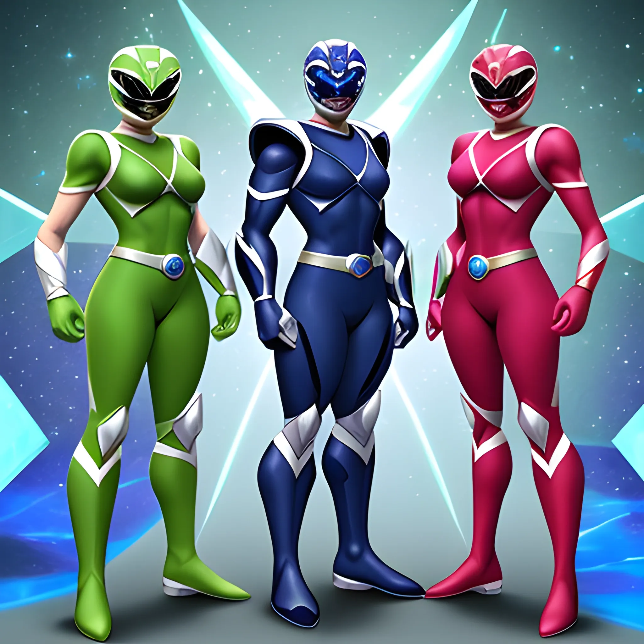 Power Rangers based off a sapphire an emerald and a ruby full body one male and 2 females