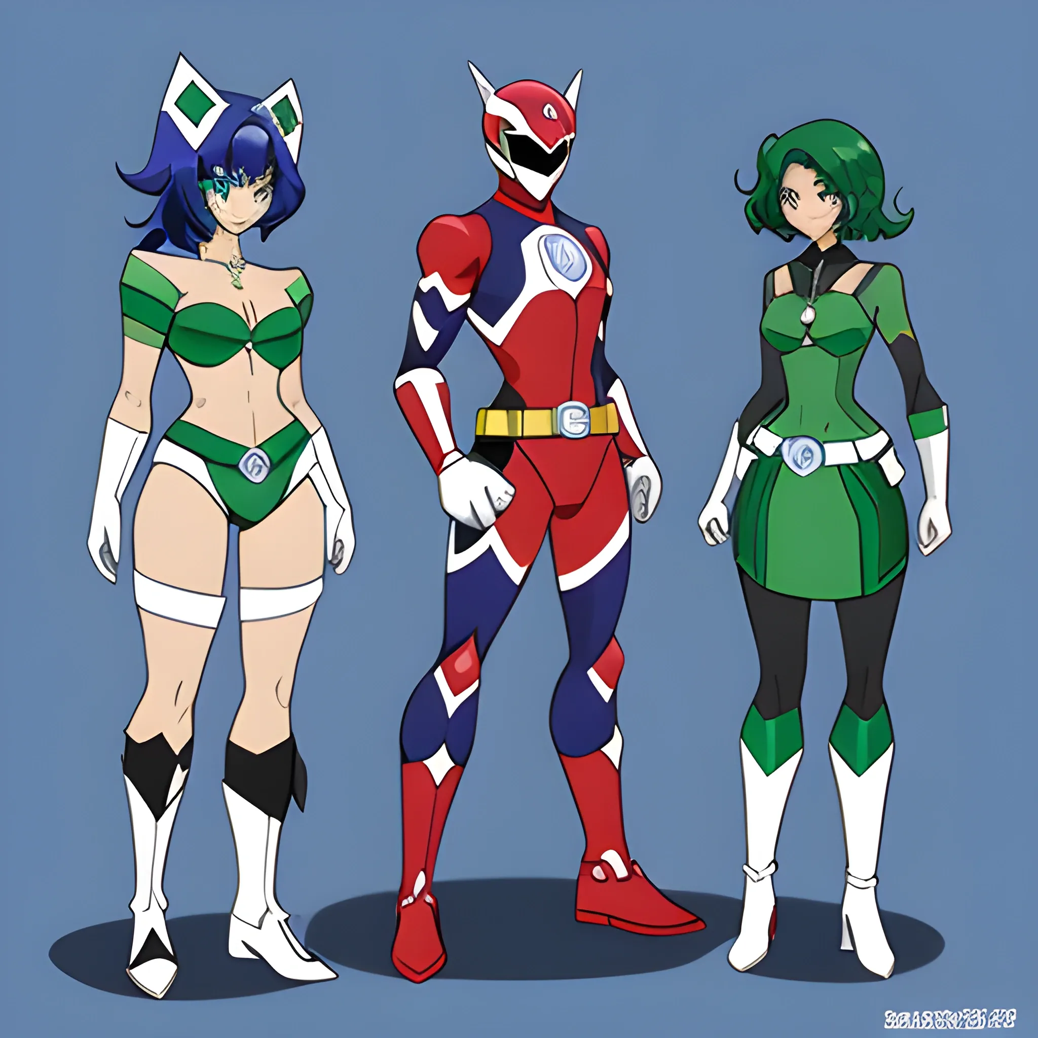 Sentai based off a sapphire an emerald and a ruby full body one male and 2 females