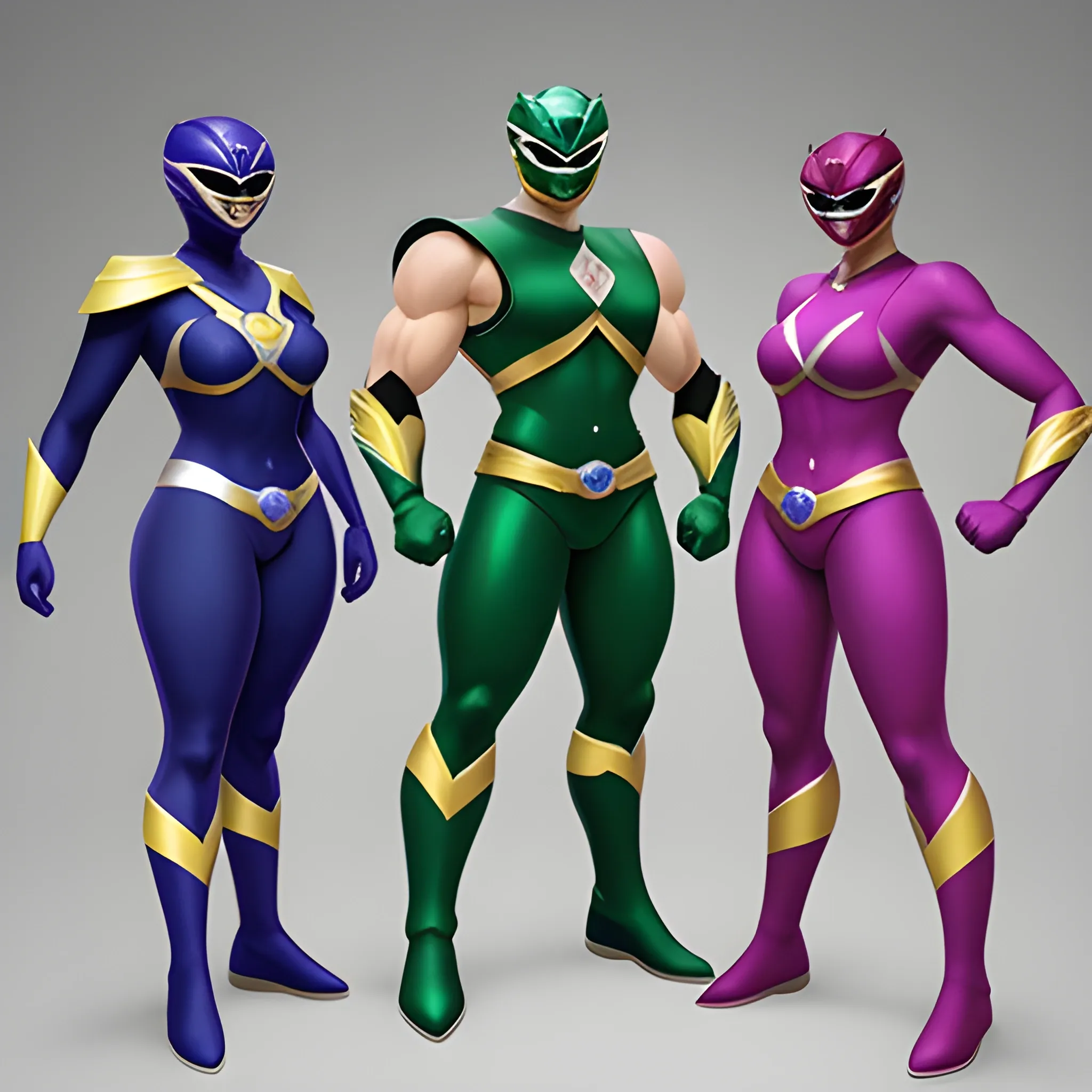 3 person power rangers team based off a sapphire an emerald and a ruby full body one male and 2 females