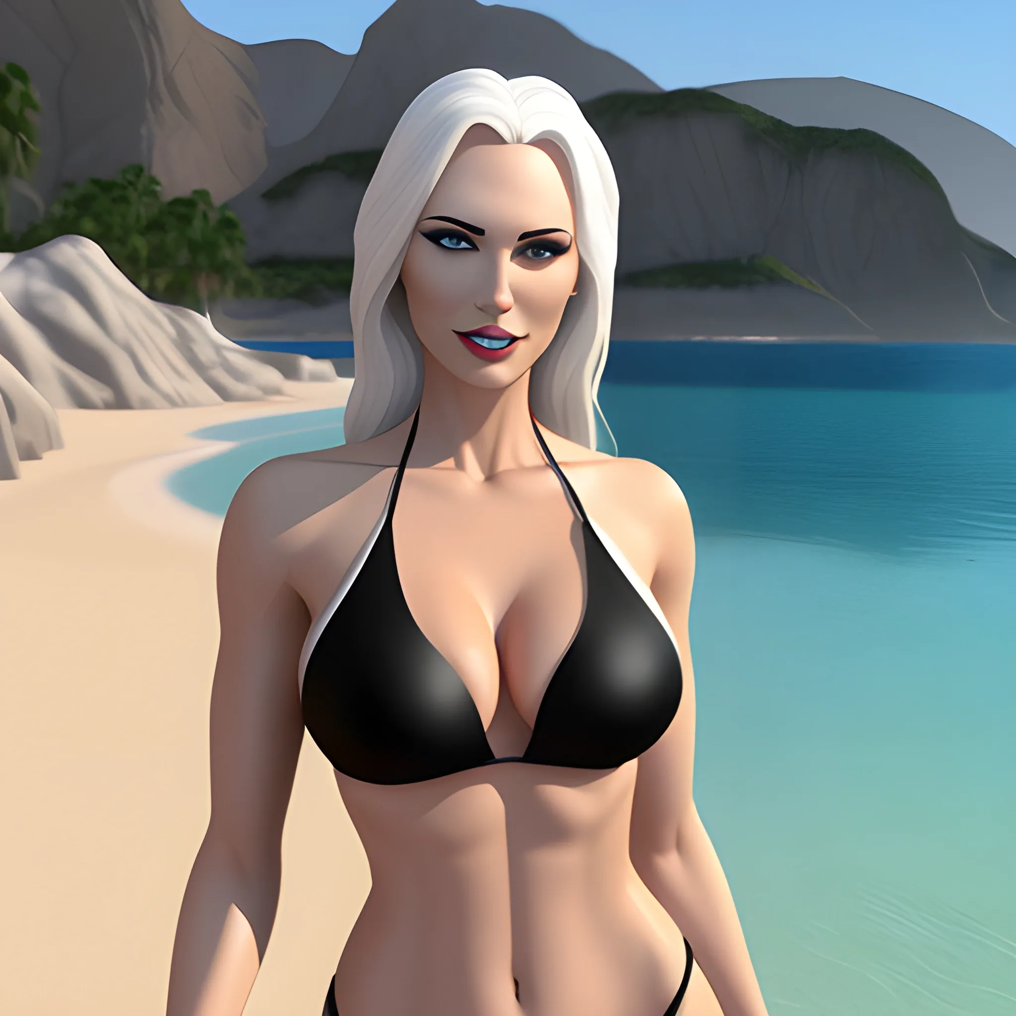 Realistic white skinned girl in black bikini, 3D