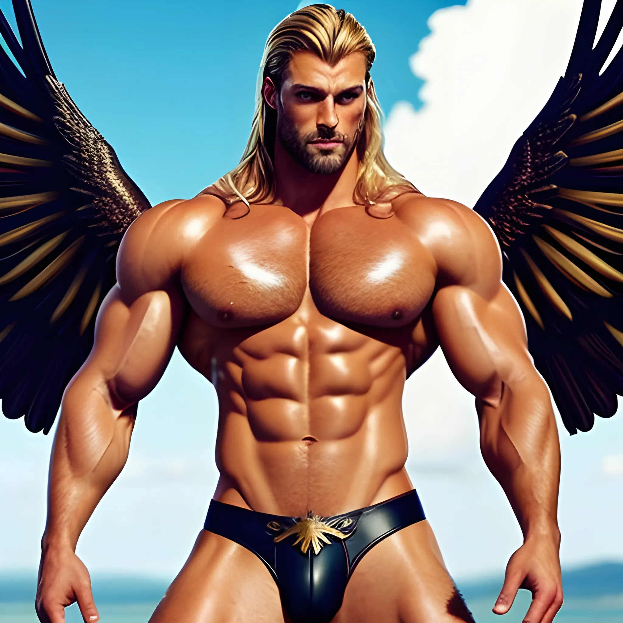 muscular blond Dude with expansive Wings,handsome,beauty,muscle,hyperealistic, standing firmly,german, tanned skin,long curly hair,,colorfull small leather tanga with gold details,same facial halves, bulge ,happy,whole body with legs,big bulge,dark piercing eyes,huge bulge,hairy,fine details, young,two identical symmetrical eyes,same colofull eyes, stubble ,blond,very long hair cascading over a hairy Chest,reminiscent of an Angel, 