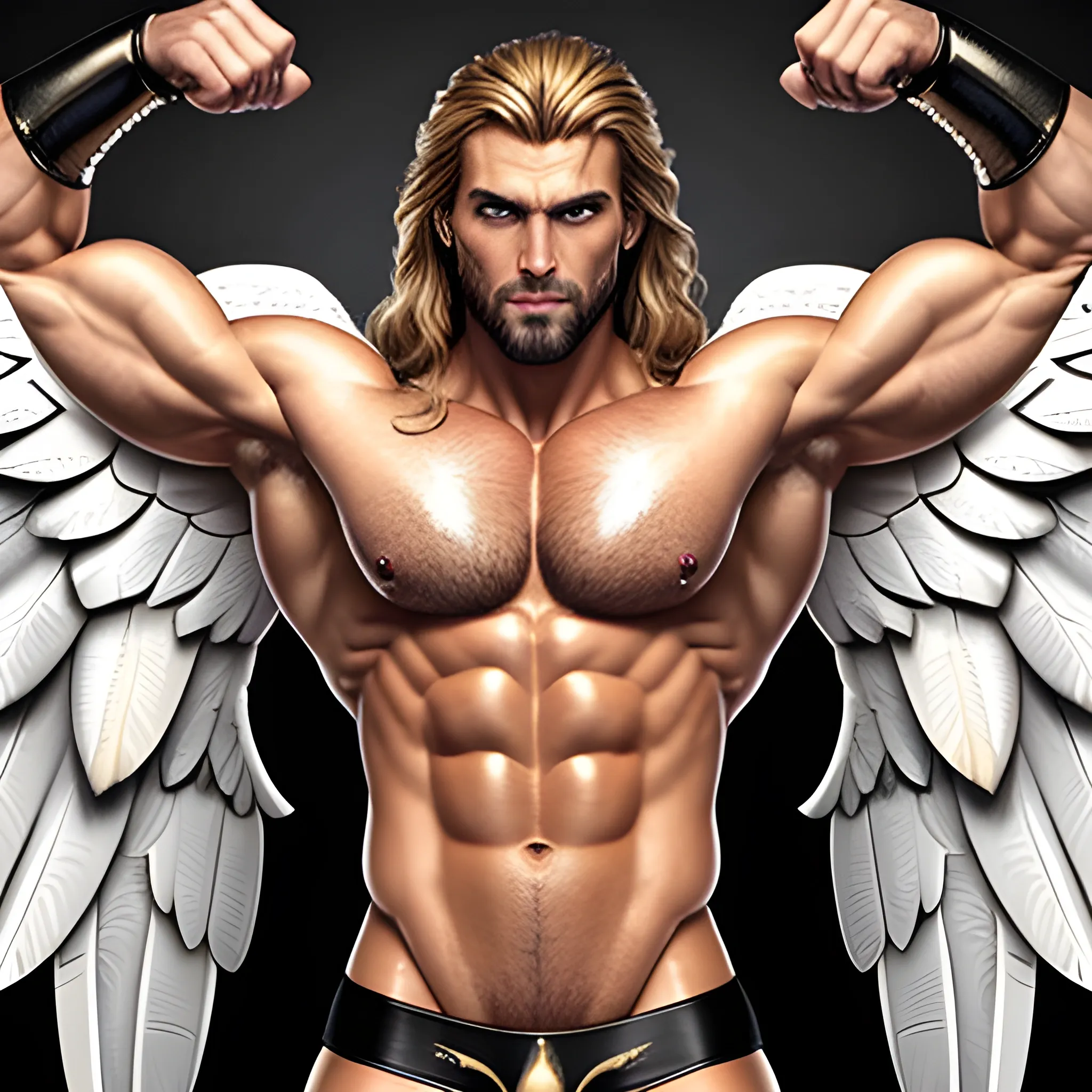 muscular blond Dude with expansive Wings,handsome,beauty,muscle,hyperealistic, standing firmly,german, tanned skin,long curly hair,,colorfull small leather tanga with gold details,same facial halves, bulge ,happy,whole body with legs,big bulge,dark piercing eyes,huge bulge,hairy,fine details, young,two identical symmetrical eyes,same colofull eyes, stubble ,blond,very long hair cascading over a hairy Chest,reminiscent of an Angel, 