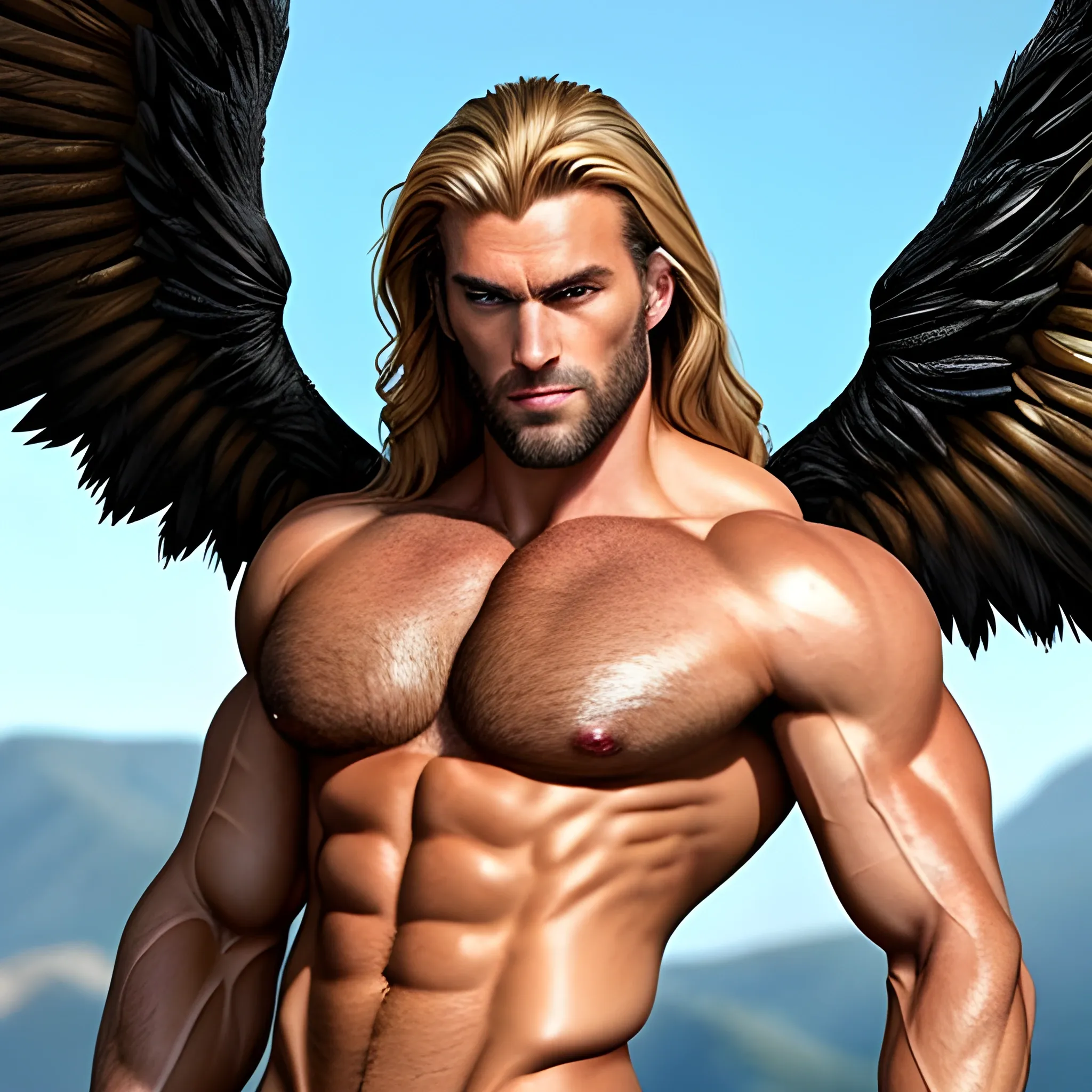 muscular blond Dude with expansive Wings,handsome,beauty,muscle,hyperealistic, standing firmly,german, tanned skin,long curly hair,,colorfull small leather tanga with gold details,same facial halves, bulge ,happy,whole body with legs,big bulge,dark piercing eyes,huge bulge,hairy,fine details, young,two identical symmetrical eyes,same colofull eyes, stubble ,blond,very long hair cascading over a hairy Chest,reminiscent of an Angel, 