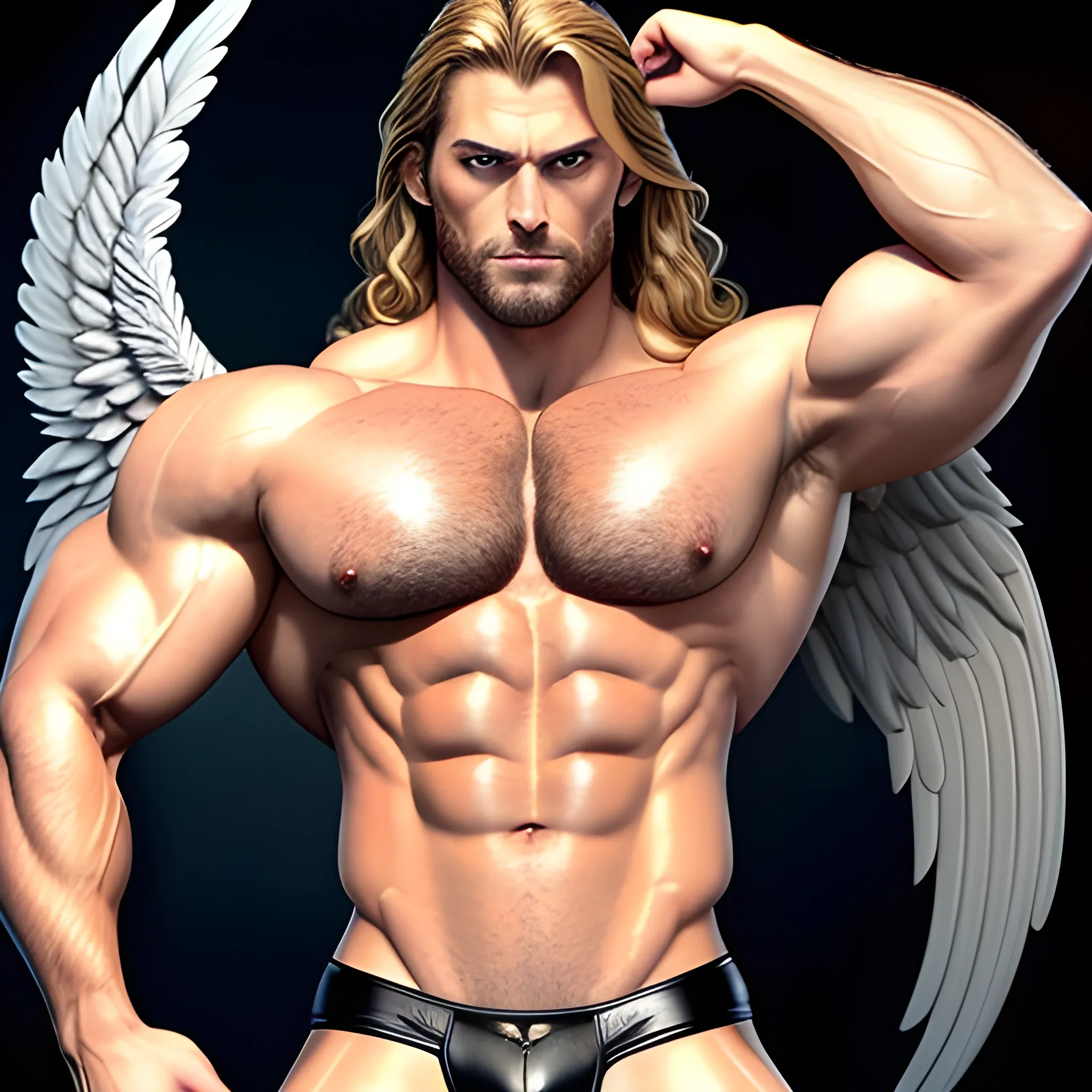 muscular blond Dude with expansive Wings,handsome,beauty,muscle,hyperealistic, standing firmly,german, tanned skin,long curly hair,,colorfull small leather tanga with gold details,same facial halves, bulge ,happy,whole body with legs,big bulge,dark piercing eyes,huge bulge,hairy,fine details, young,two identical symmetrical eyes,same colofull eyes, stubble ,blond,very long hair cascading over a hairy Chest,reminiscent of an Angel, 