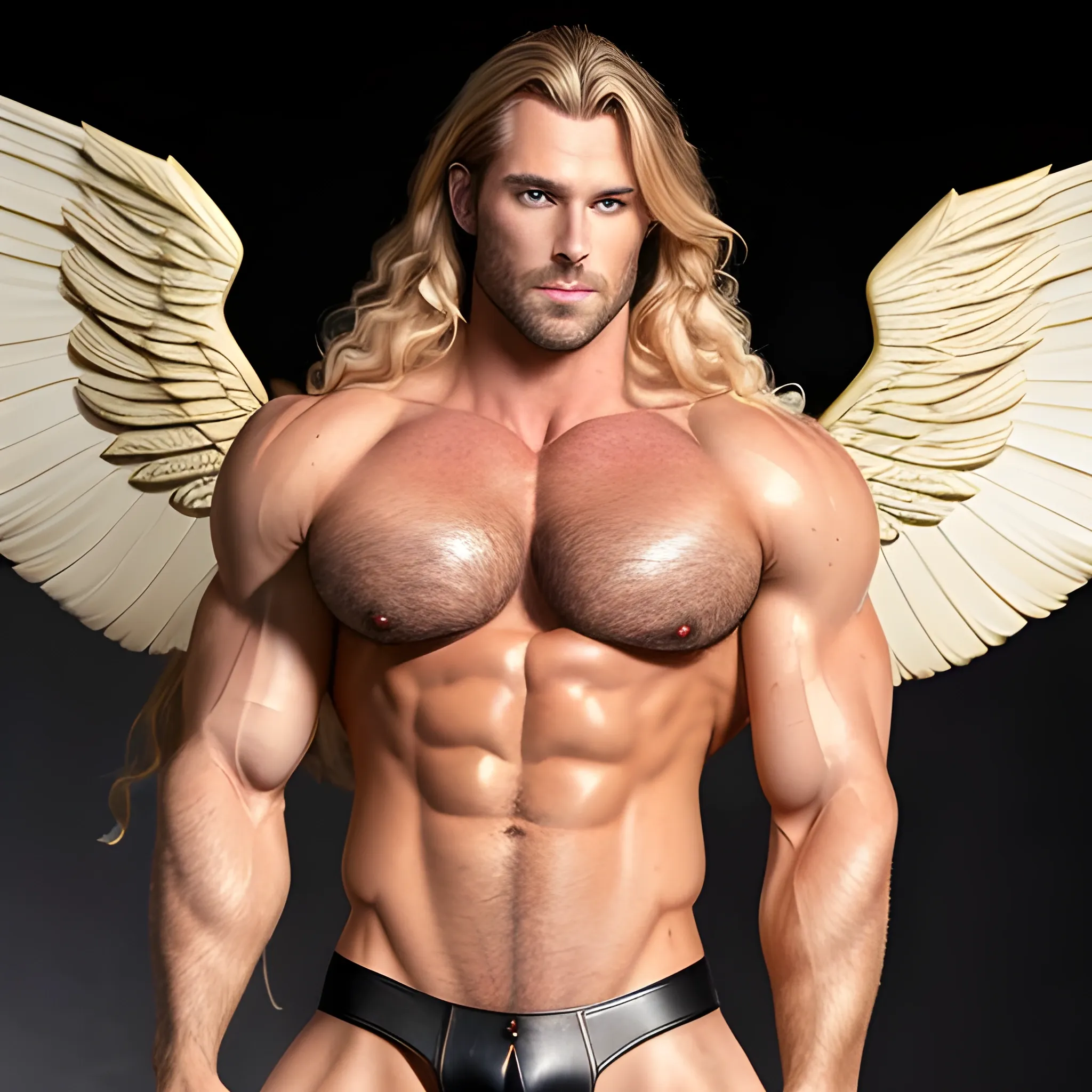 muscular blond Dude with expansive Wings,handsome,beauty,muscle,standing firmly,german, tanned skin,long curly hair,,colorfull small leather tanga with gold details,same facial halves, bulge ,happy,whole body with legs,big bulge,dark piercing eyes,huge bulge,hairy,fine details, young,two identical symmetrical eyes,same colofull eyes, stubble ,blond,very long hair cascading over a hairy Chest,reminiscent of an Angel, 