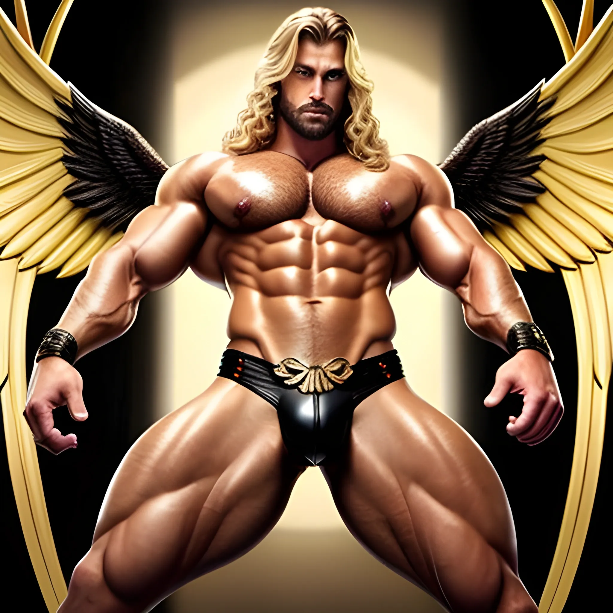 muscular blond Dude with expansive Wings,handsome,beauty,muscle,standing firmly,german, tanned skin,long curly hair,,colorfull small leather tanga with gold details,same facial halves, bulge ,happy,whole body with legs,big bulge,dark piercing eyes,huge bulge,hairy,fine details, young,two identical symmetrical eyes,same colofull eyes, stubble ,blond,very long hair cascading over a hairy Chest,reminiscent of an Angel, 