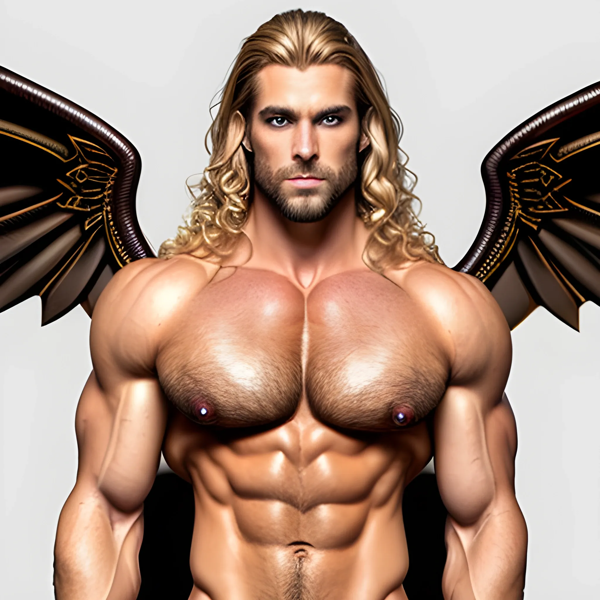 muscular blond Dude with expansive Wings,handsome,beauty,muscle,standing firmly,german, tanned skin,long curly hair,,colorfull small leather tanga with gold details,same facial halves, bulge ,happy,whole body with legs,big bulge,dark piercing eyes,huge bulge,hairy,fine details, young,two identical symmetrical eyes,same colofull eyes, stubble ,blond,very long hair cascading over a hairy Chest,reminiscent of an Angel, 