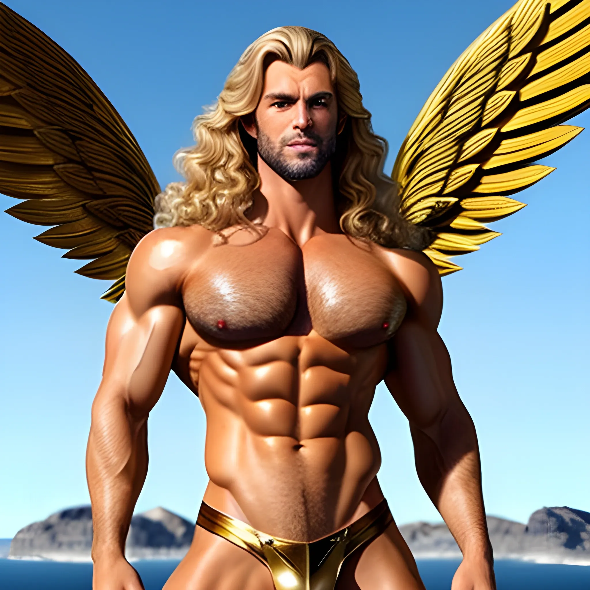 muscular blond Dude with expansive Wings,handsome,beauty,muscle,standing firmly,german, tanned skin,long curly hair,,colorfull small leather tanga with gold details,same facial halves, bulge ,happy,whole body with legs,big bulge,dark piercing eyes,huge bulge,hairy,fine details, young,two identical symmetrical eyes,same colofull eyes, stubble ,blond,very long hair cascading over a hairy Chest,reminiscent of an Angel, 