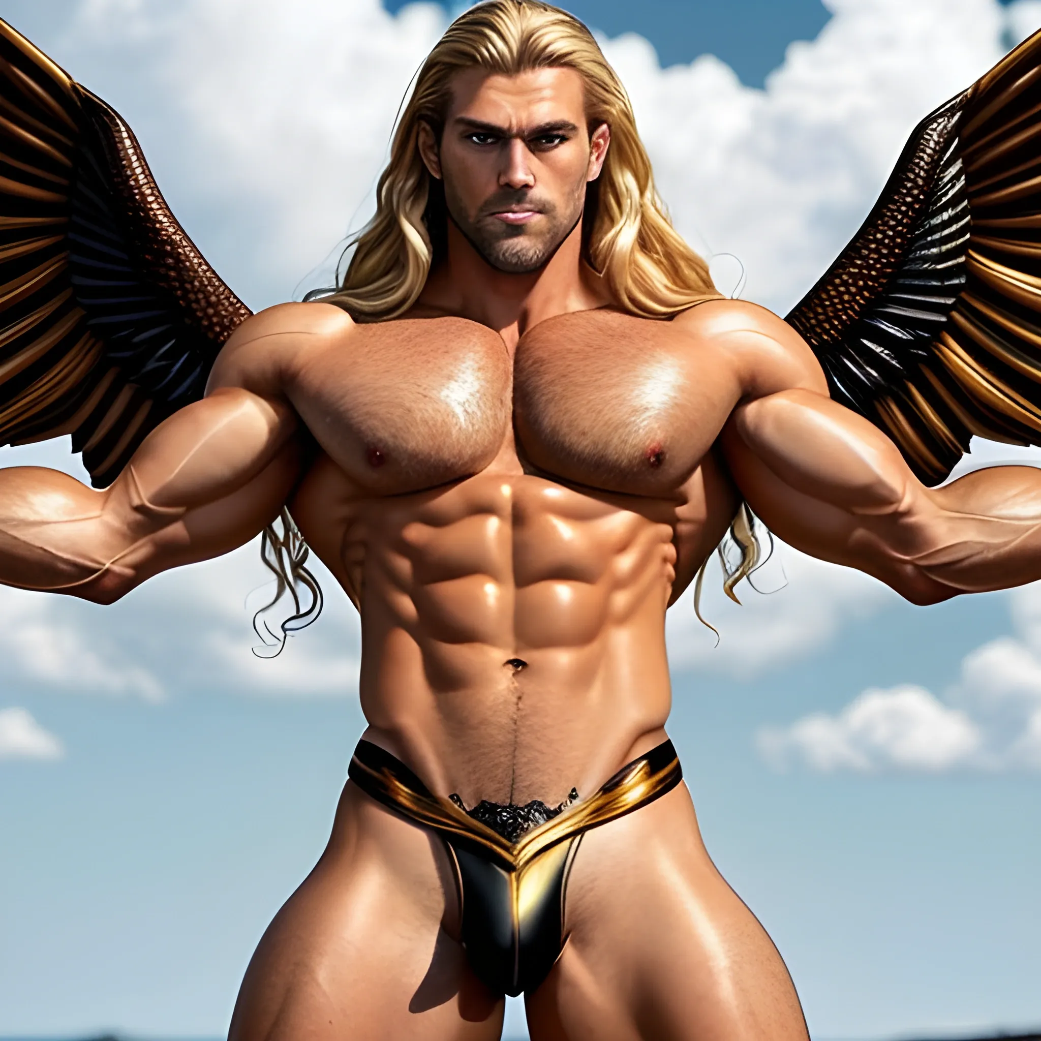 muscular blond Dude with expansive Wings,handsome,beauty,muscle,standing firmly,german, tanned skin,long curly hair,,colorfull small leather tanga with gold details,same facial halves, bulge ,happy,whole body with legs,big bulge,dark piercing eyes,huge bulge,hairy,fine details, young,two identical symmetrical eyes,same colofull eyes, stubble ,blond,very long hair cascading over a hairy Chest,reminiscent of an Angel, 