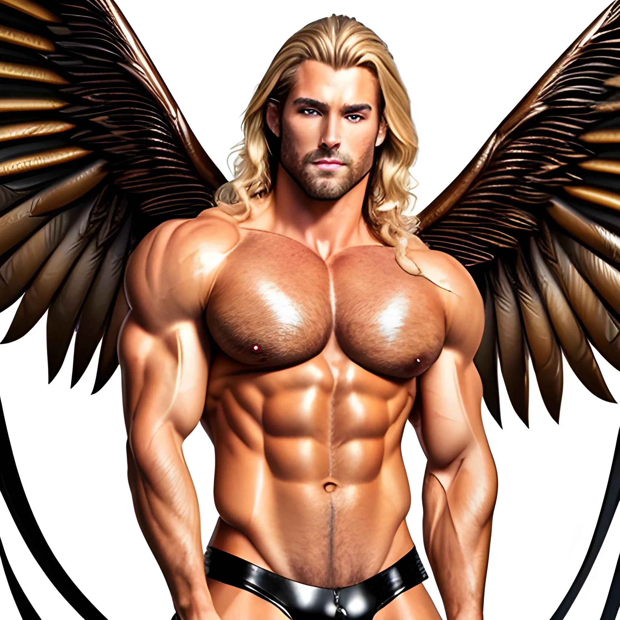 muscular blond Dude with expansive Wings,handsome,beauty,muscle,standing firmly,german, tanned skin,long curly hair,,colorfull small leather tanga with gold details,same facial halves, bulge ,happy,whole body with legs,big bulge,dark piercing eyes,huge bulge,hairy,fine details, young,two identical symmetrical eyes,same colofull eyes, stubble ,blond,very long hair cascading over a hairy Chest,reminiscent of an Angel, 