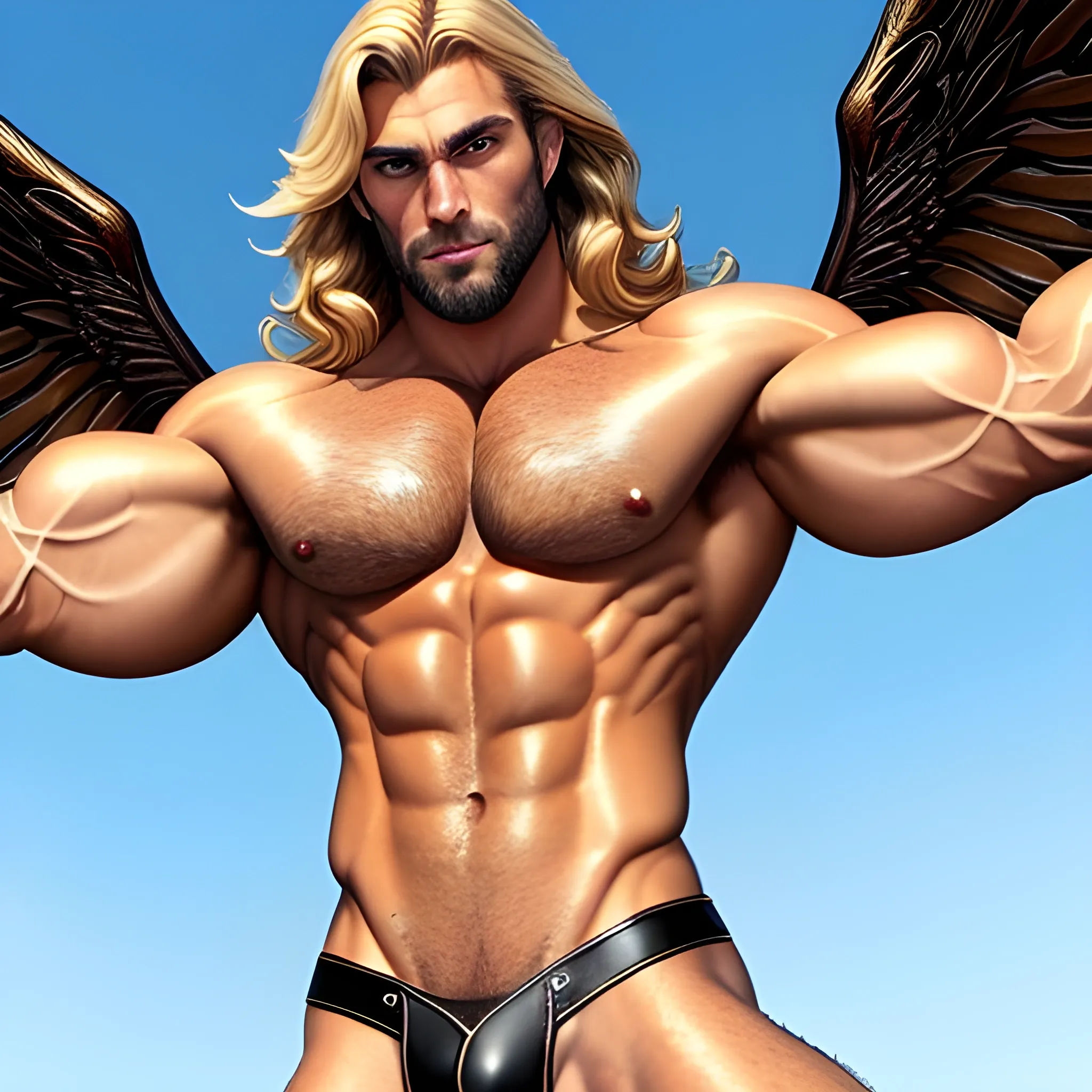 muscular blond Dude with expansive Wings,handsome,beauty,muscle,standing firmly,german, tanned skin,long curly hair,,colorfull small leather tanga with gold details,same facial halves, bulge ,happy,whole body with legs,big bulge,dark piercing eyes,huge bulge,hairy,fine details, young,two identical symmetrical eyes,same colofull eyes, stubble ,blond,very long hair cascading over a hairy Chest,reminiscent of an Angel,
