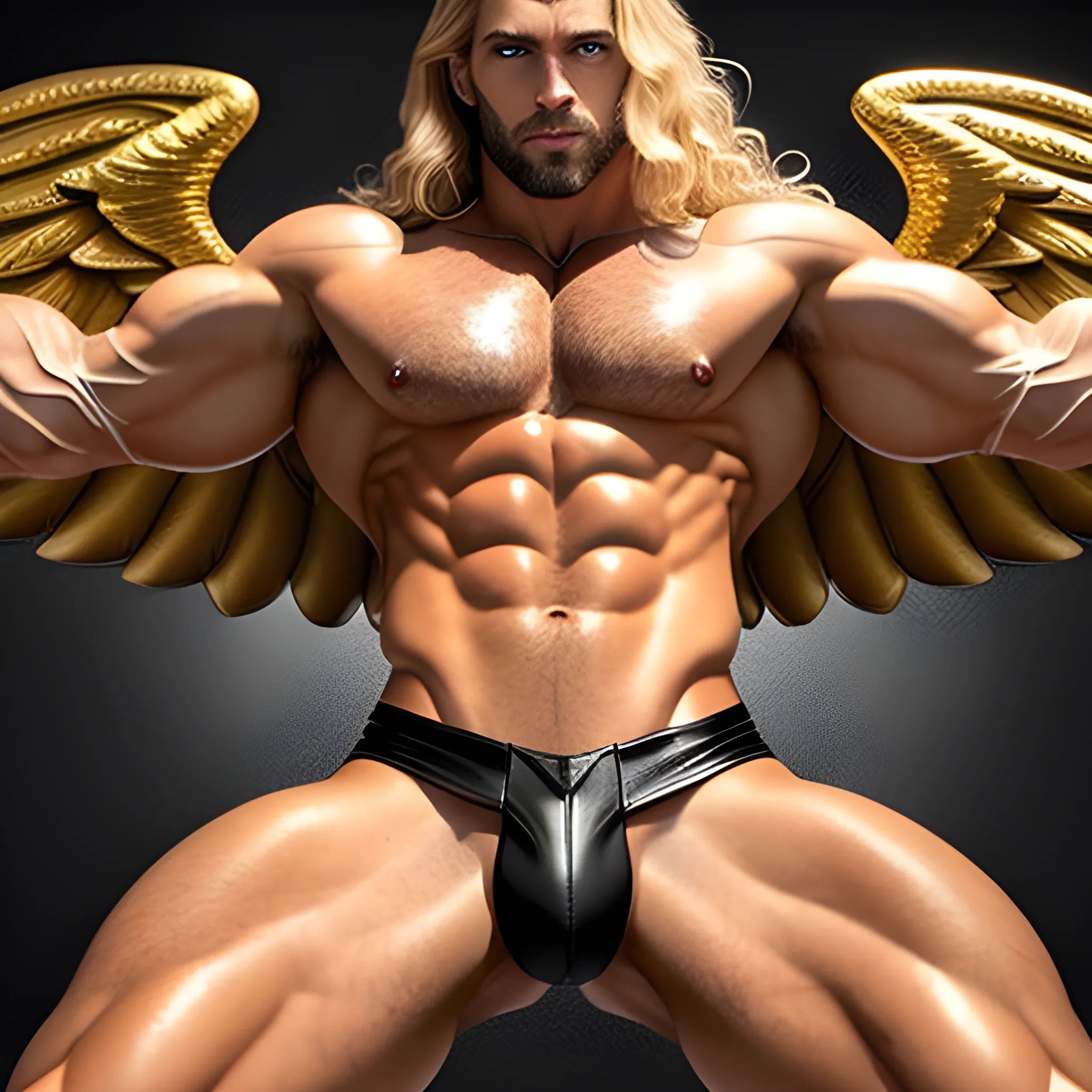 muscular blond Dude with expansive Wings,handsome,beauty,muscle,standing firmly,german, tanned skin,long curly hair,,colorfull small leather tanga with gold details,same facial halves, bulge ,happy,whole body with legs,big bulge,dark piercing eyes,huge bulge,hairy,fine details, young,two identical symmetrical eyes,same colofull eyes, stubble ,blond,very long hair cascading over a hairy Chest,reminiscent of an Angel,
