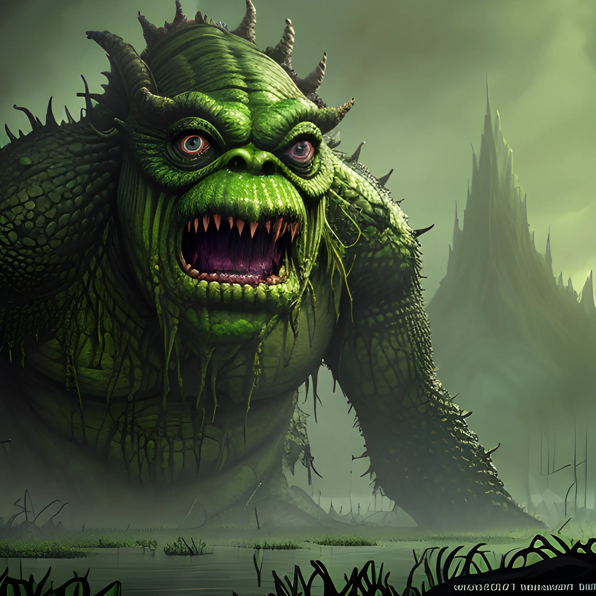 monster from swamp, green monster, big monster, swamps, 8k, high resolution, high quality, detailed, detailed matte painting, deep color, fantastical, intricate detail, splash screen, complementary colors, fantasy concept art, 8k resolution trending on Artstation Unreal Engine