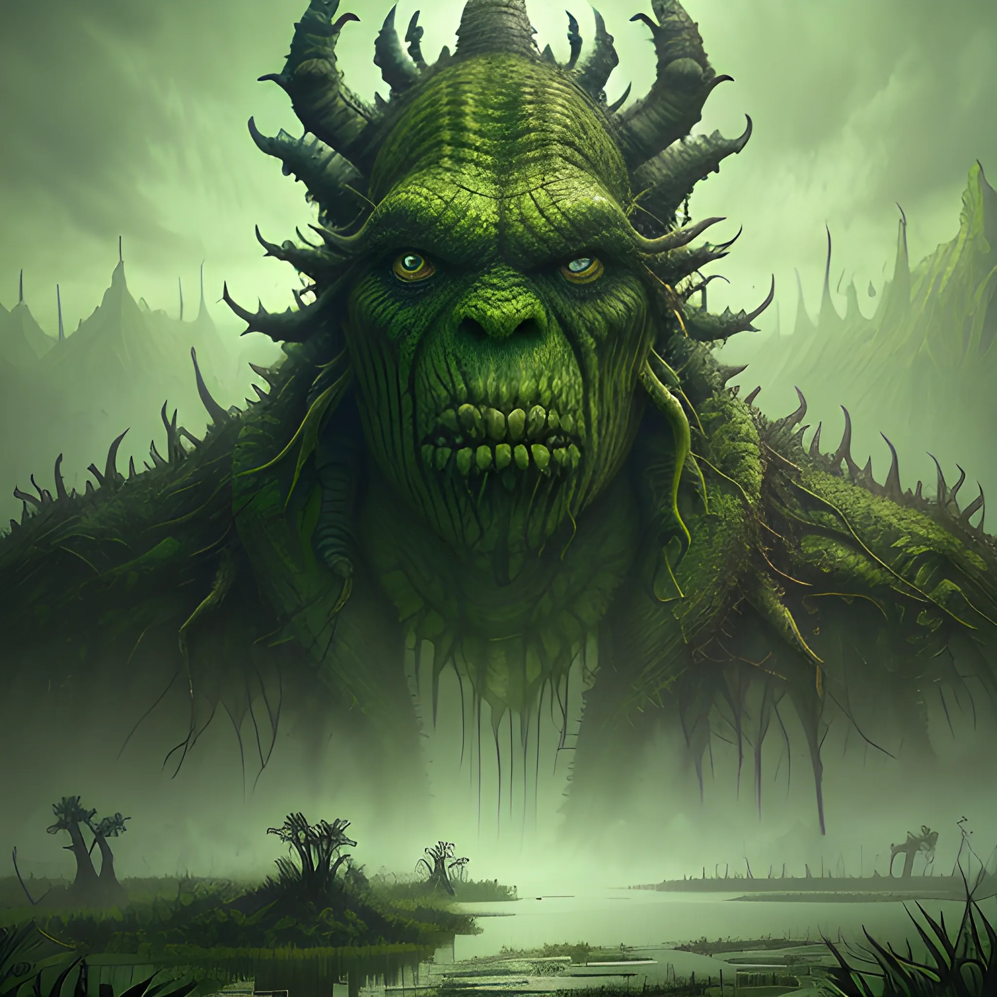 monster from swamp, green monster, big monster, swamps, 8k, high resolution, high quality, detailed, detailed matte painting, deep color, fantastical, intricate detail, splash screen, complementary colors, fantasy concept art, 8k resolution trending on Artstation Unreal Engine