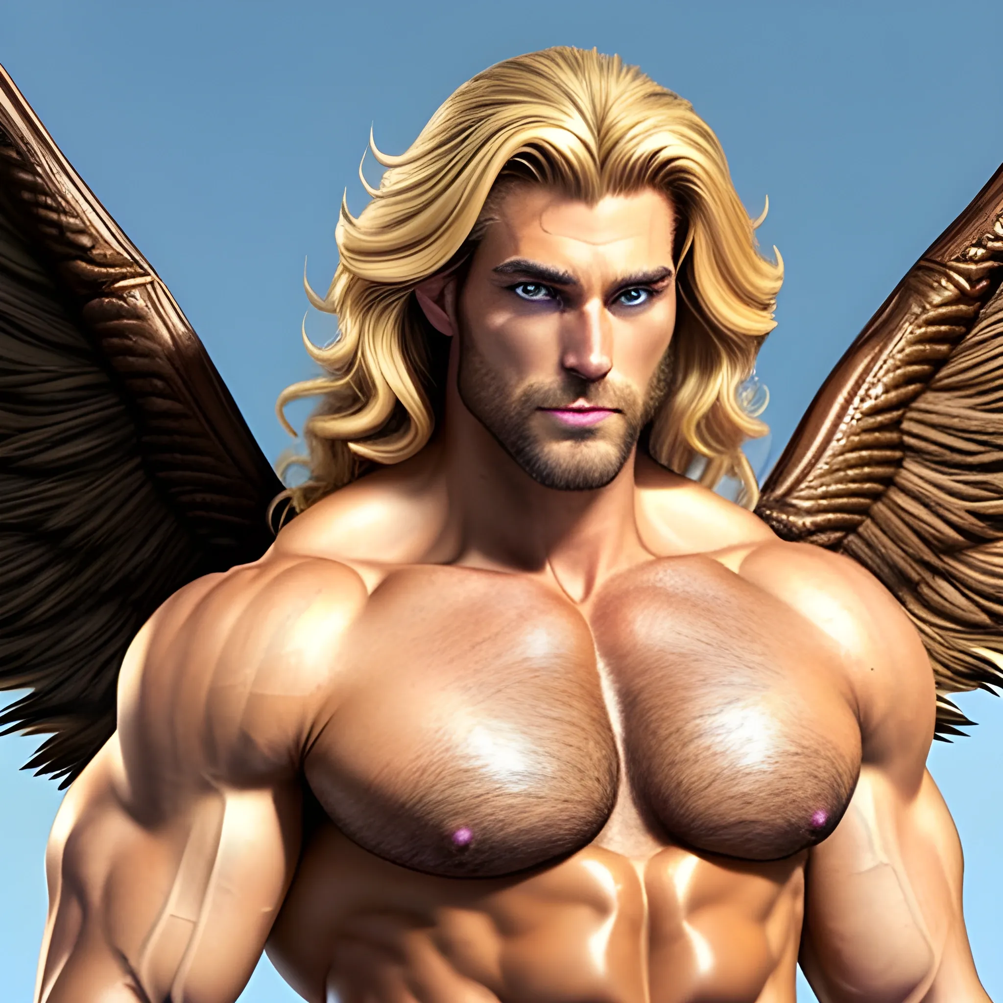 muscular blond Dude with expansive Wings,handsome,beauty,muscle,standing firmly,german, tanned skin,long curly hair,,colorfull small leather tanga with gold details,same facial halves, bulge ,happy,whole body with legs,big bulge,dark piercing eyes,huge bulge,hairy,fine details, young,two identical symmetrical eyes,same colofull eyes, stubble ,blond,very long hair cascading over a hairy Chest,reminiscent of an Angel,
