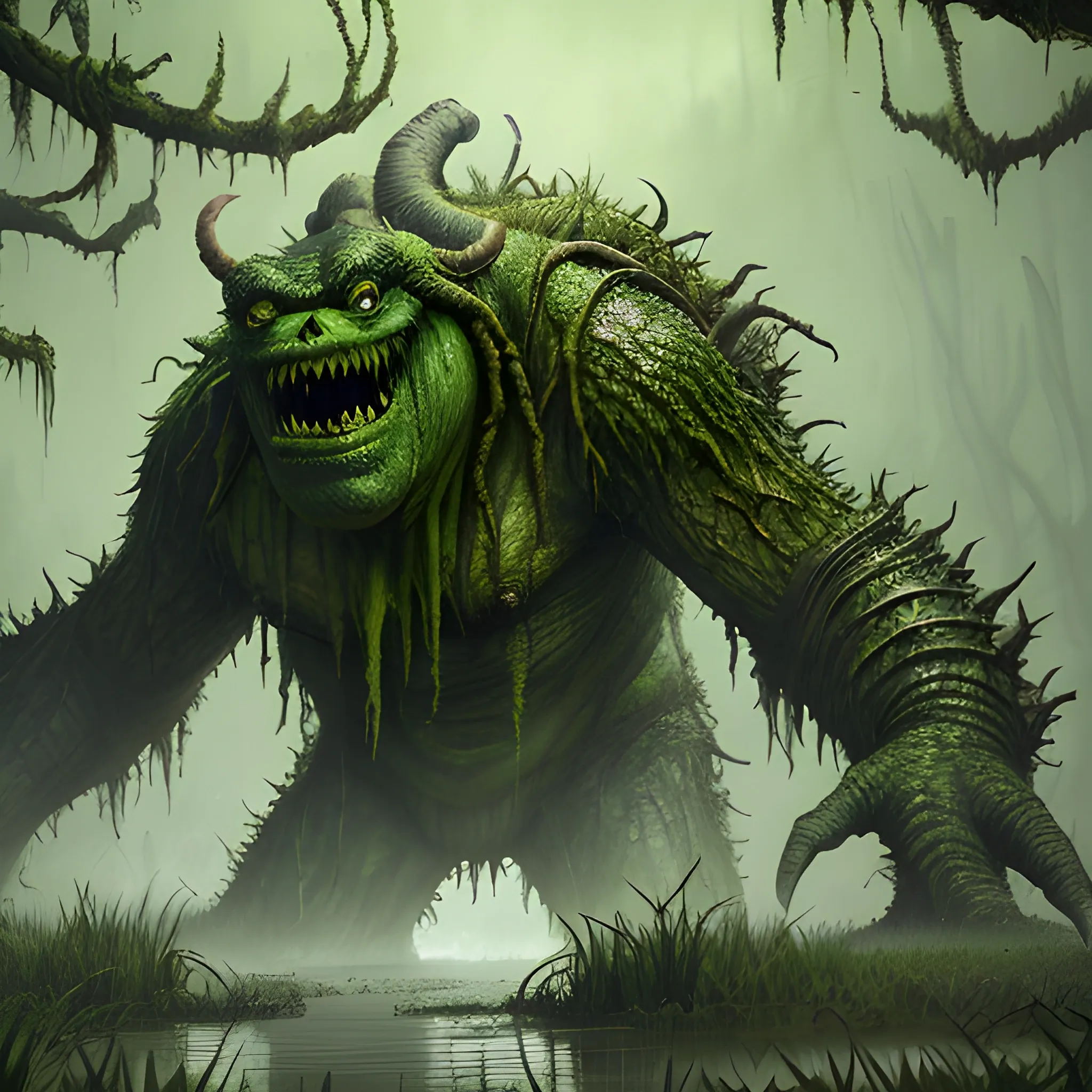 monster from swamp, green monster, big monster, swamps, 8k, high resolution, high quality, detailed, detailed matte painting, deep color, fantastical, intricate detail, splash screen, complementary colors, fantasy concept art, 8k resolution trending on Artstation Unreal Engine