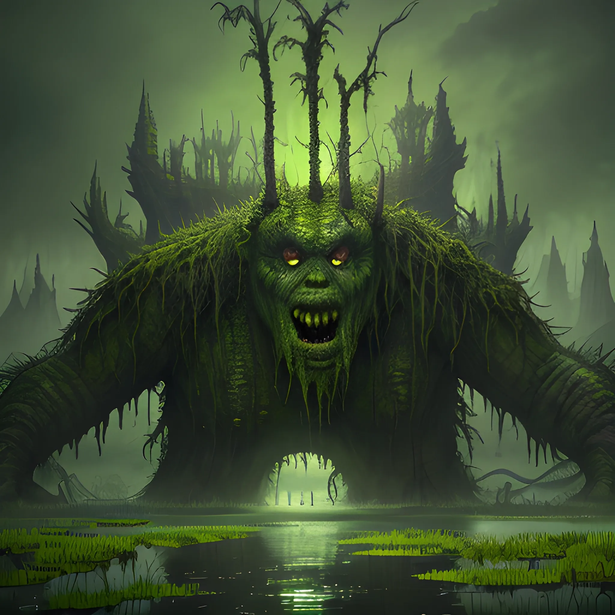 monster from swamp, green monster, big monster, swamps, 8k, high resolution, high quality, detailed, detailed matte painting, deep color, fantastical, intricate detail, splash screen, complementary colors, fantasy concept art, 8k resolution trending on Artstation Unreal Engine