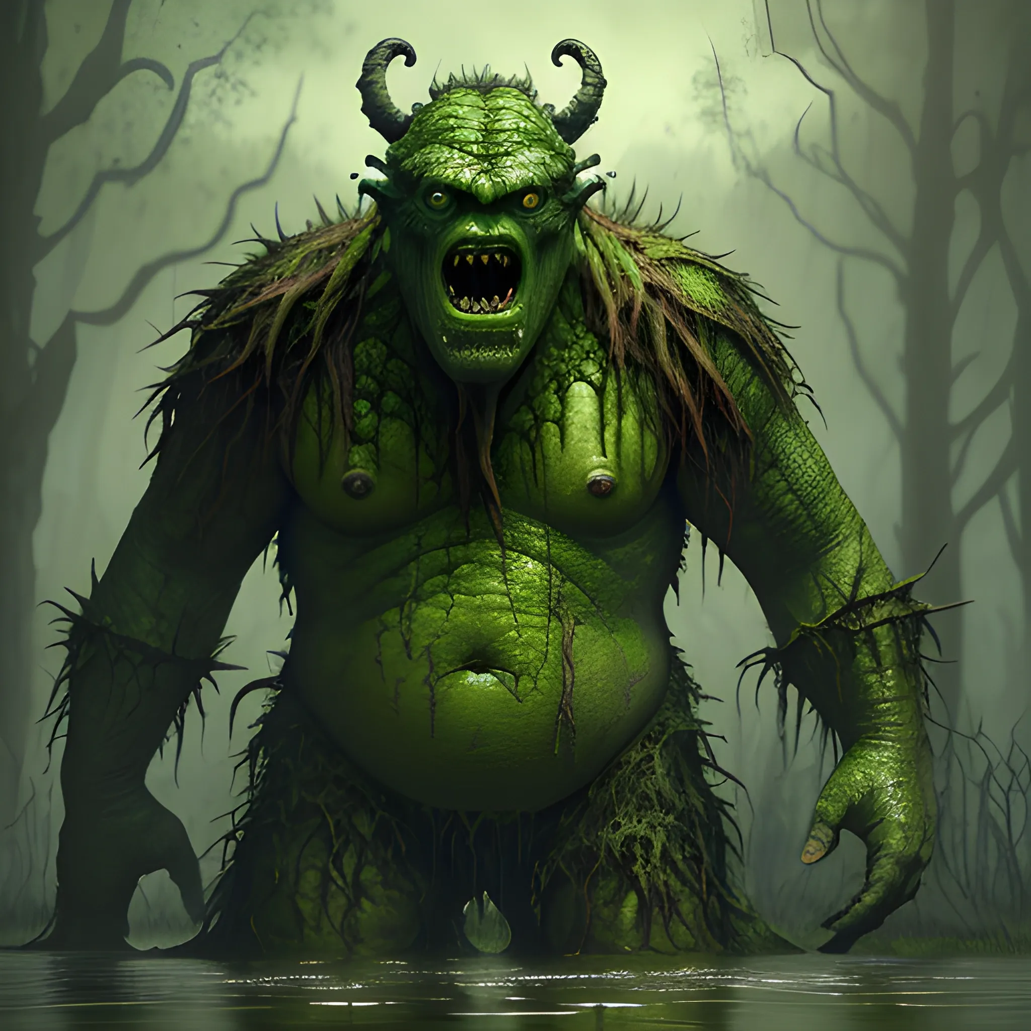 monster from swamp, green monster, big monster, swamps, 8k, high resolution, high quality, detailed, detailed matte painting, deep color, fantastical, intricate detail, splash screen, complementary colors, fantasy concept art, 8k resolution trending on Artstation Unreal Engine