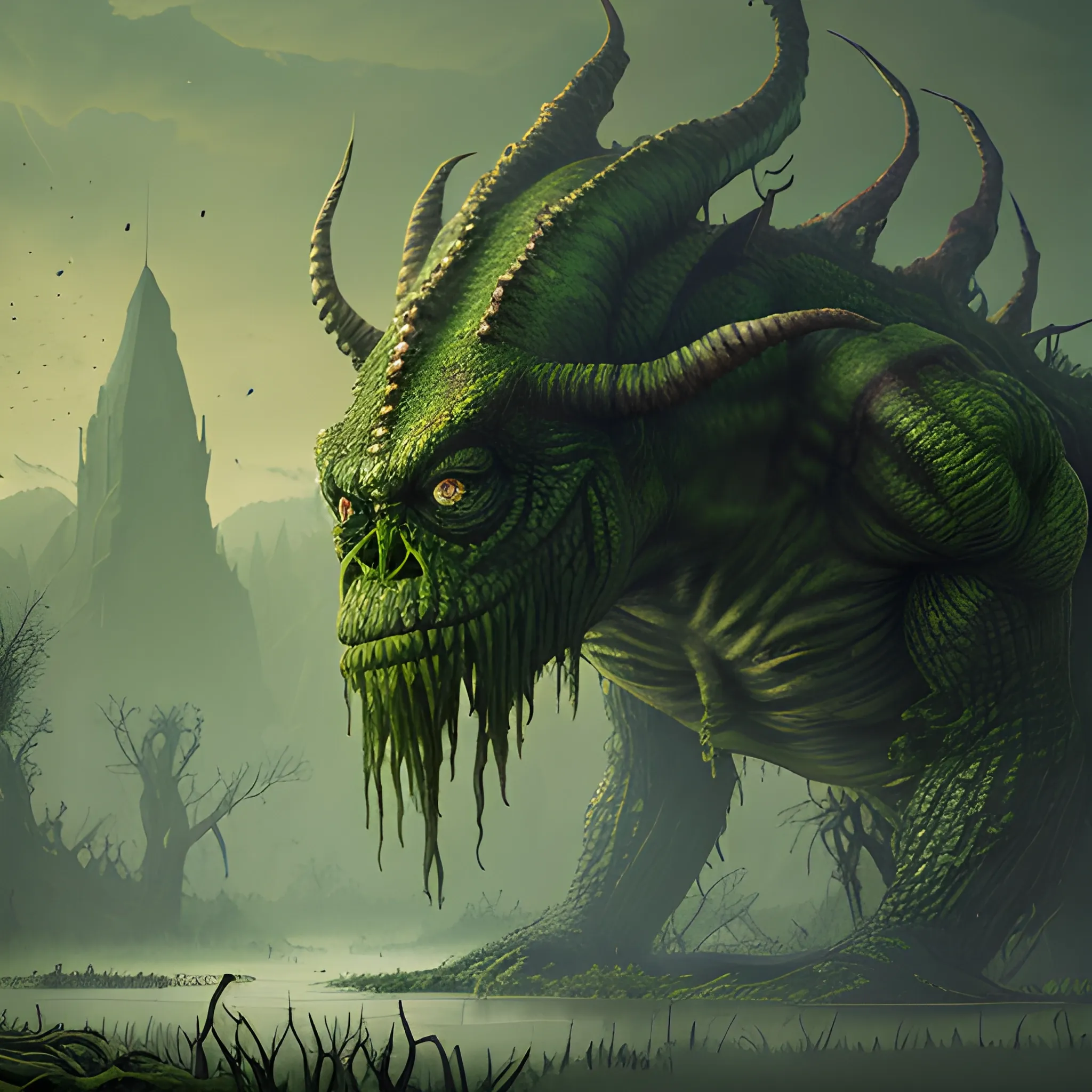 monster from swamp, green monster, big monster, swamps, 8k, high resolution, high quality, detailed, detailed matte painting, deep color, fantastical, intricate detail, splash screen, complementary colors, fantasy concept art, 8k resolution trending on Artstation Unreal Engine