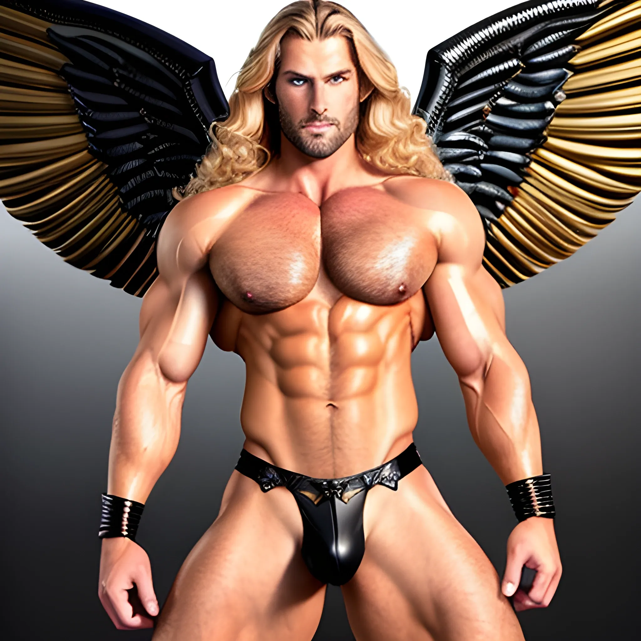 muscular blond Dude with expansive Wings,handsome,beauty,muscle,standing firmly,german, tanned skin,long curly hair,,colorfull small leather tanga with gold details,same facial halves, bulge ,happy,whole body with legs,big bulge,dark piercing eyes,huge bulge,hairy,fine details, young,two identical symmetrical eyes,same colofull eyes, stubble ,blond,very long hair cascading over a hairy Chest,reminiscent of an Angel,
